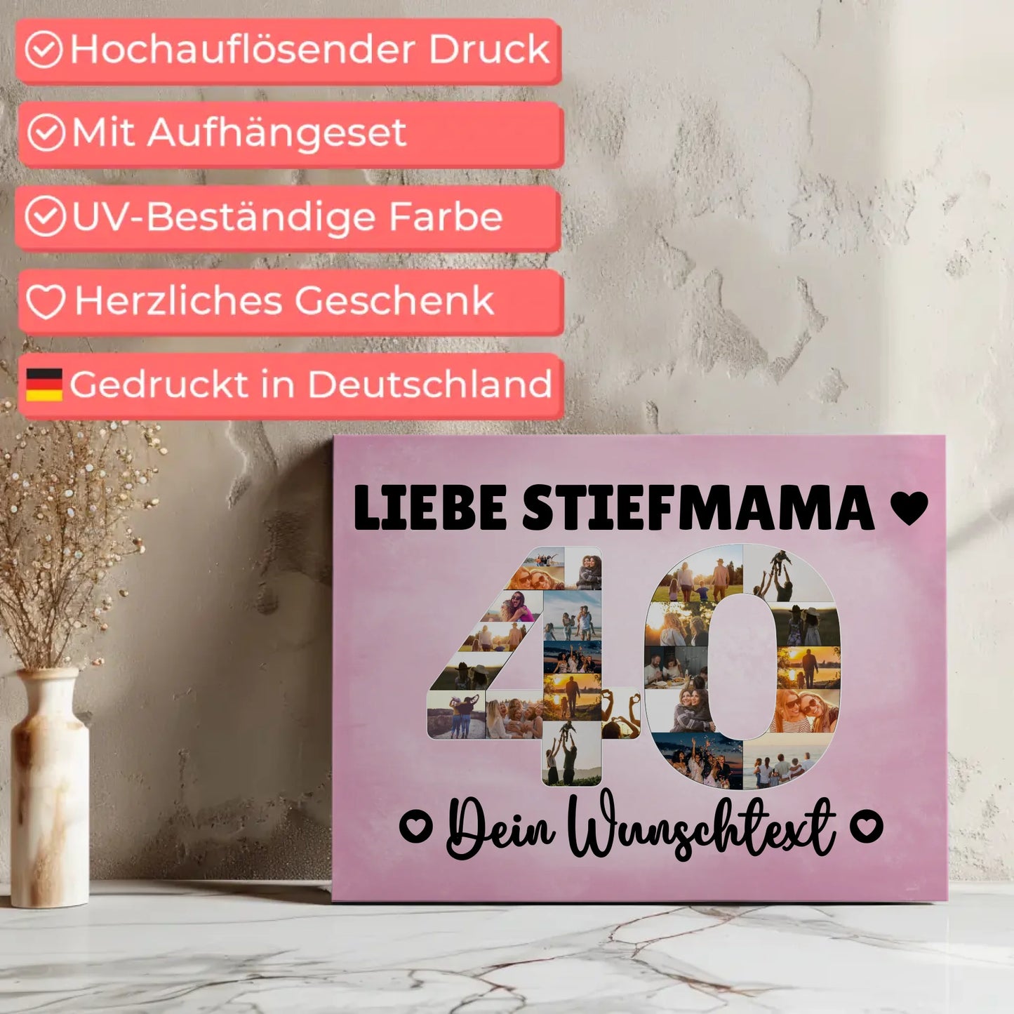 Personalisierte Fotoleinwand Wunschtext zum 40 Geburtstag Stiefmama