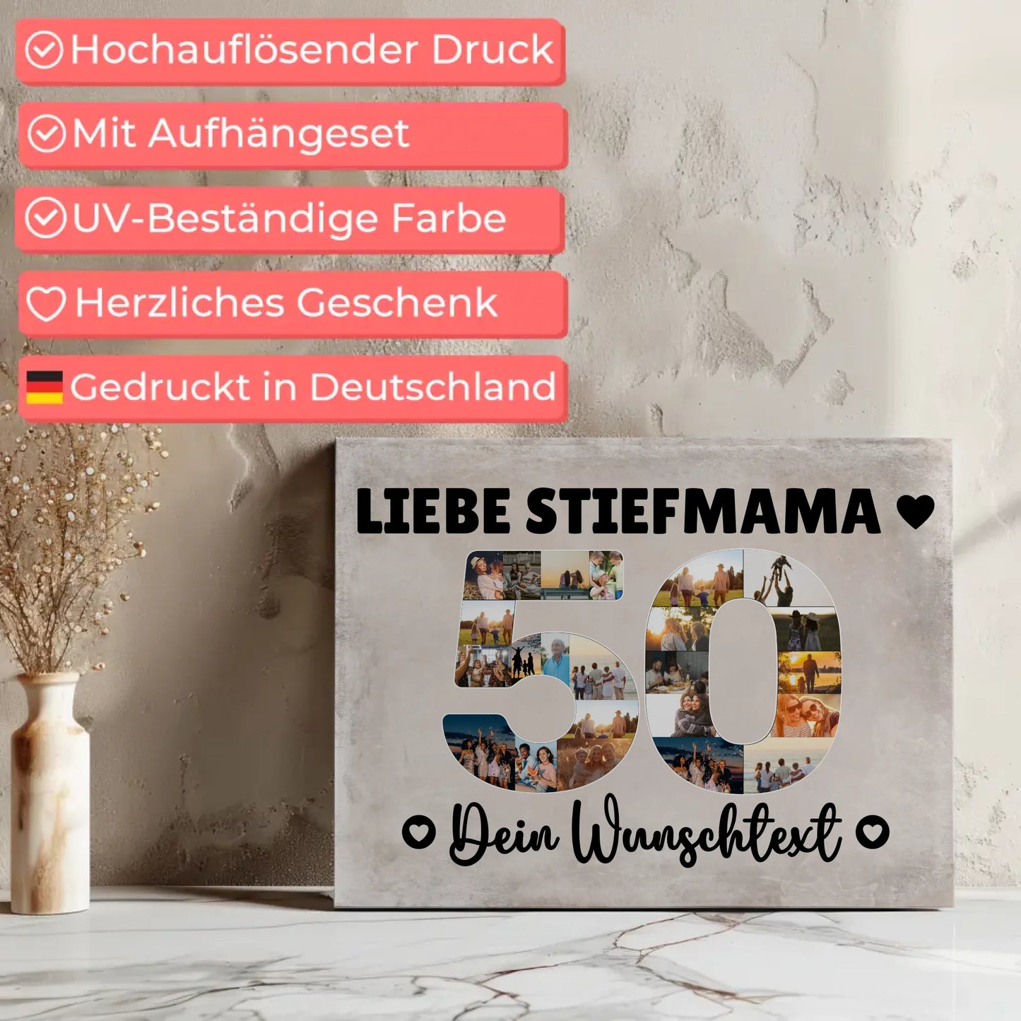 Personalisierte Fotoleinwand Wunschtext Stiefmama 50 Geburtstag