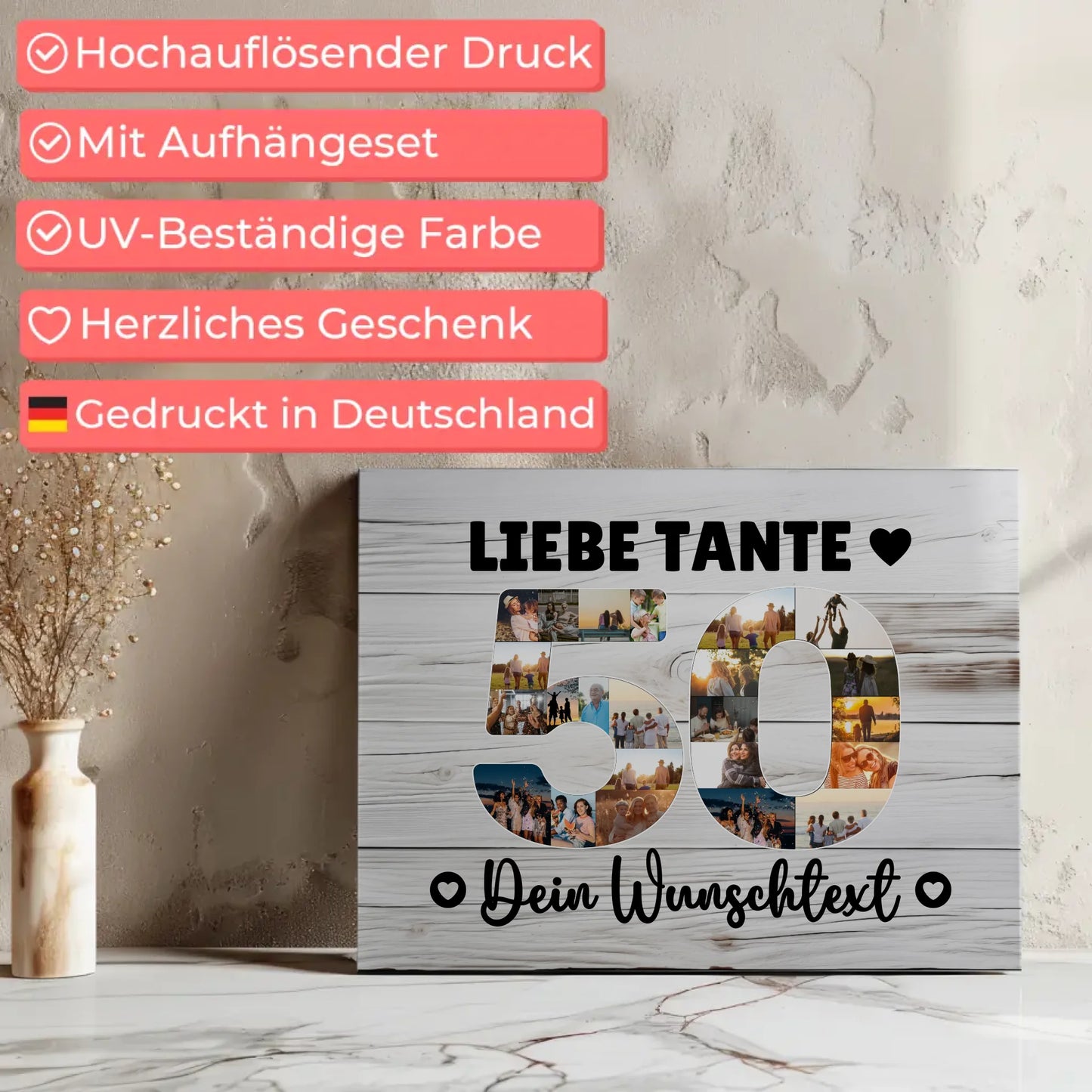Personalisierte Fotoleinwand mit Wunschtext 50 Geburtstag Tante