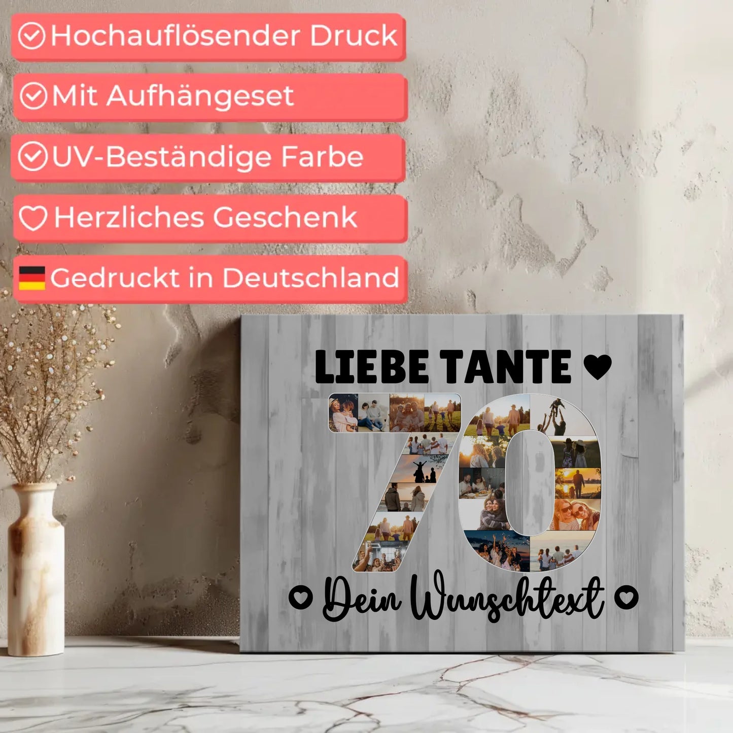 Personalisierte Fotoleinwand mit Wunschtext zum 70 Geburtstag Tante