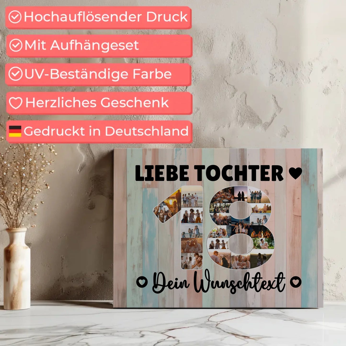 Personalisierte Fotoleinwand mit Wunschtext 18 Geburtstag Tochter