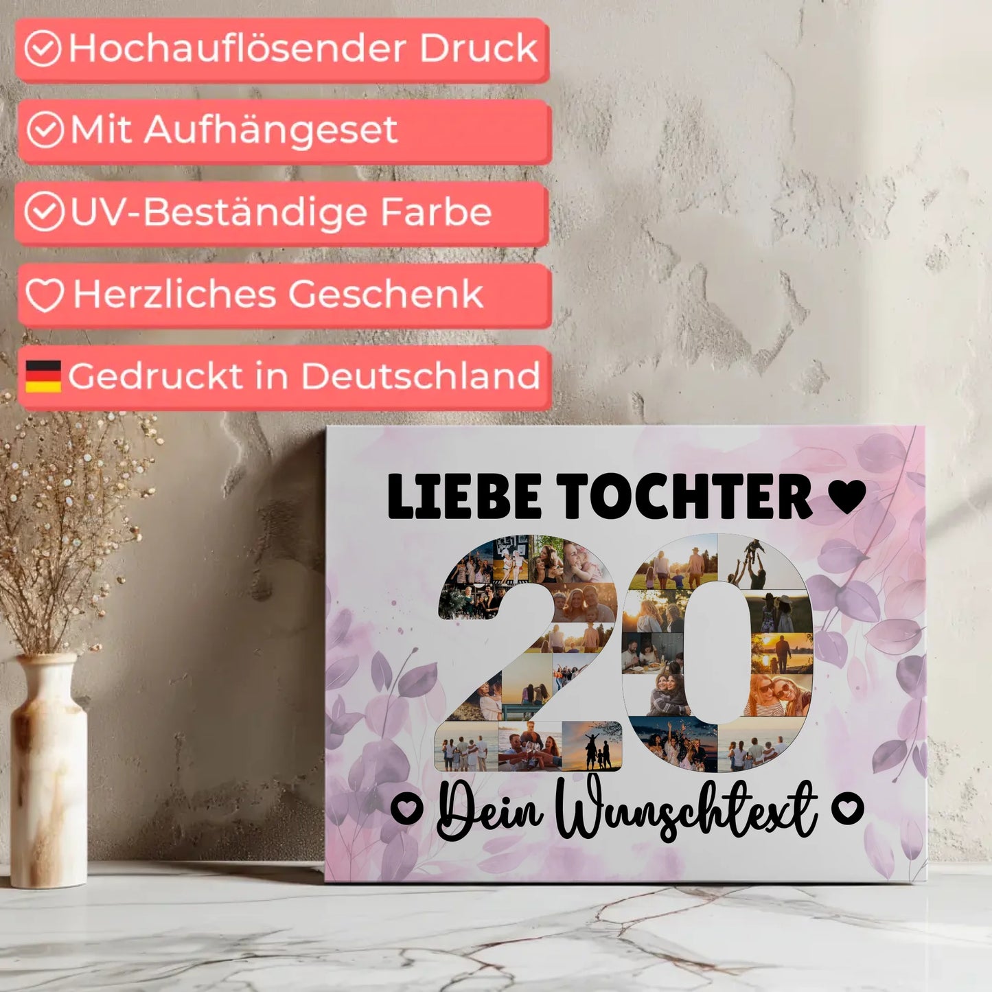 Personalisierte Fotoleinwand Wunschtext 20 Geburtstag Tochter