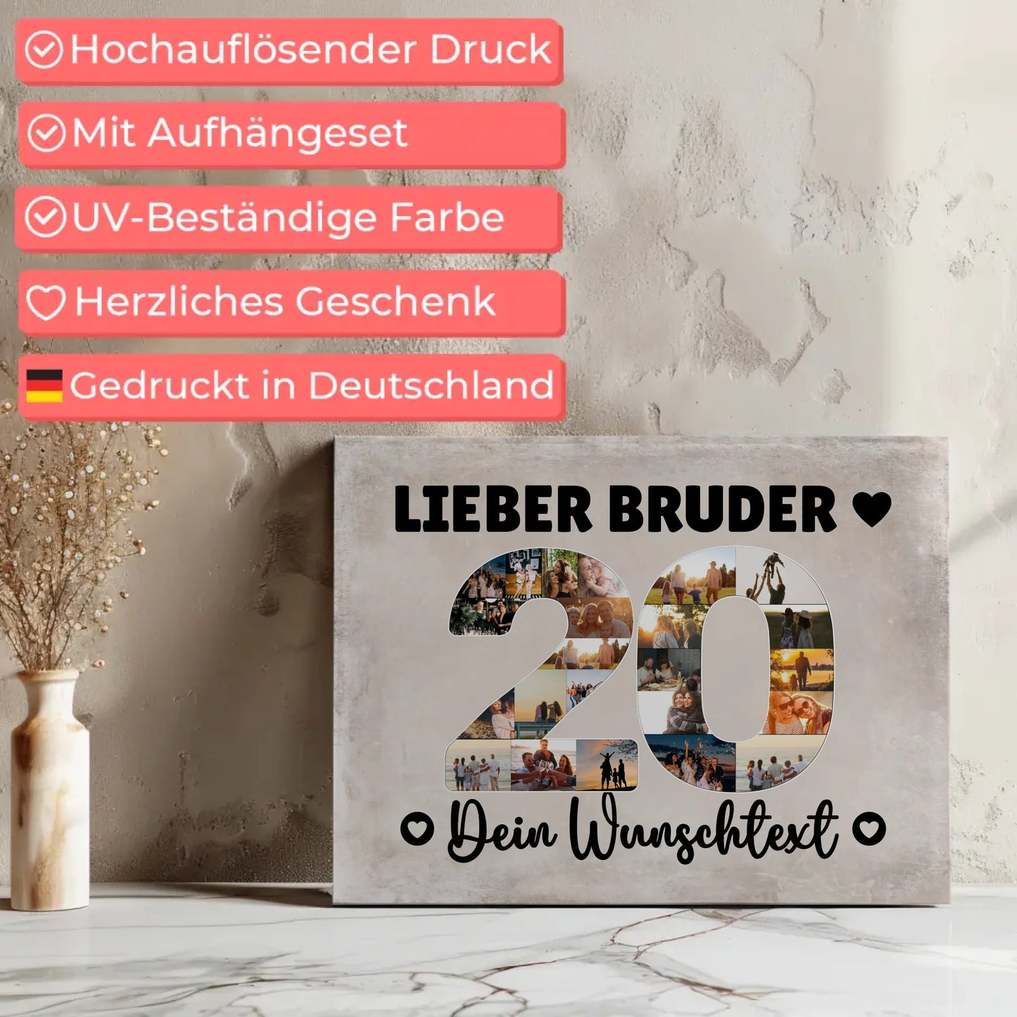 Personalisierte Fotoleinwand Wunschtext 20 Geburtstag Bruder