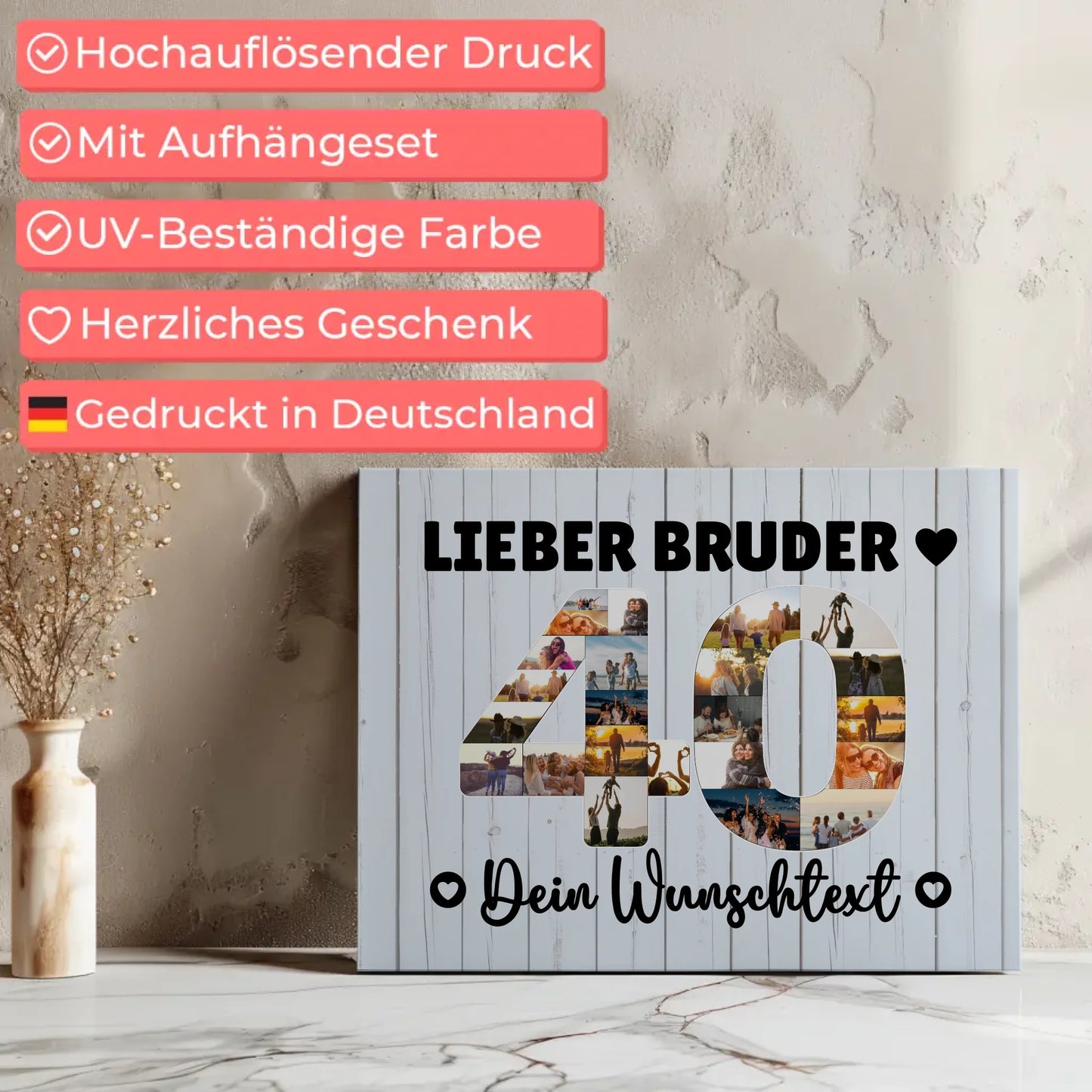 Personalisierte Fotoleinwand Wunschtext Bruder 40 Geburtstag