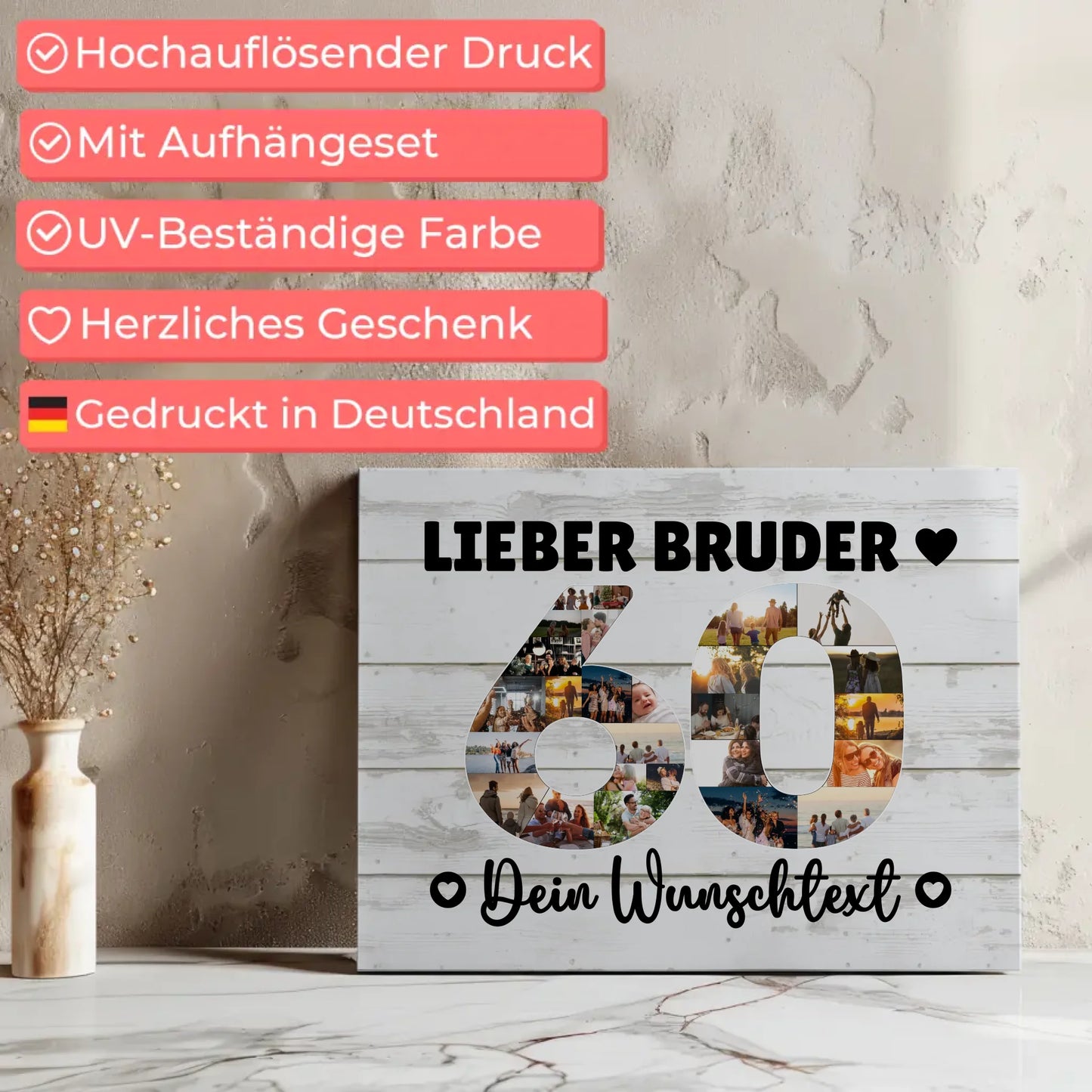 Personalisierte Fotoleinwand Wunschtext zum 60 Geburtstag Bruder