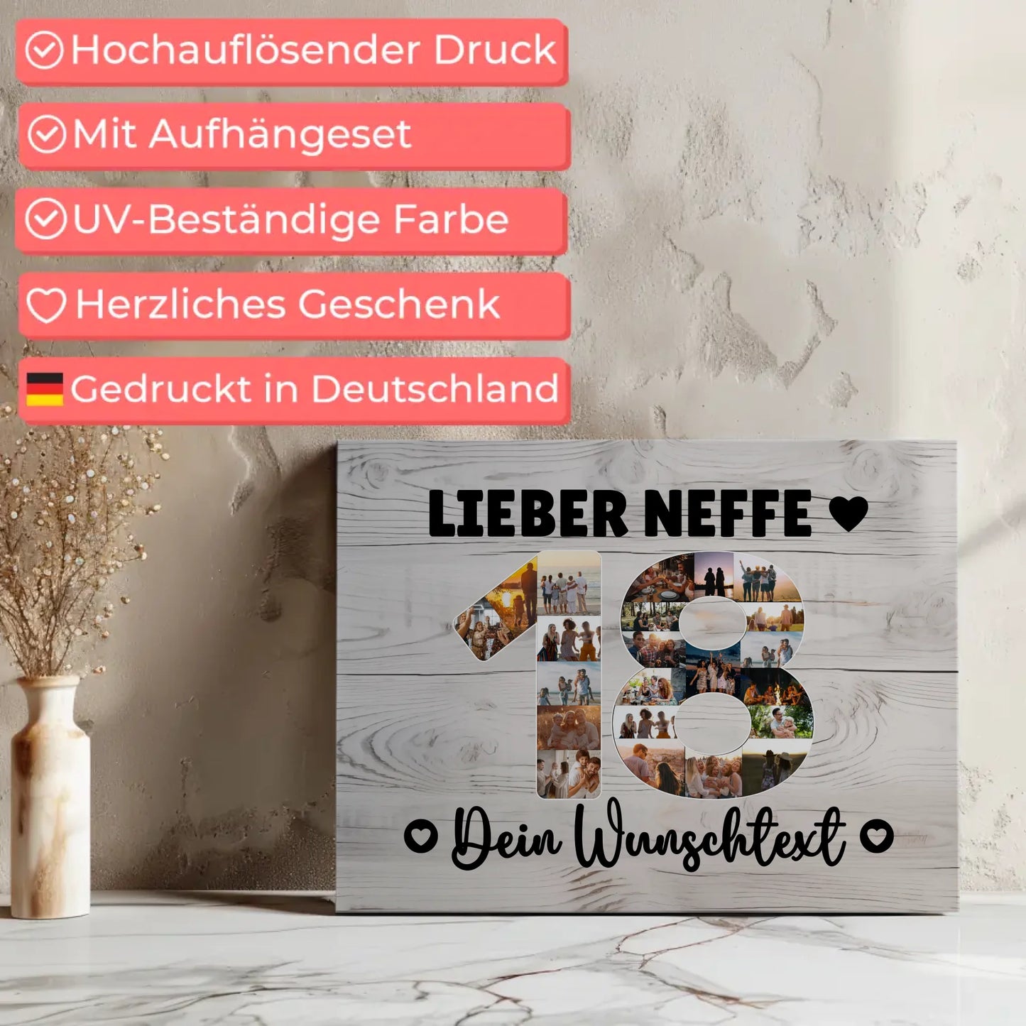 Personalisierte Fotoleinwand mit Wunschtext 18 Geburtstag Neffe