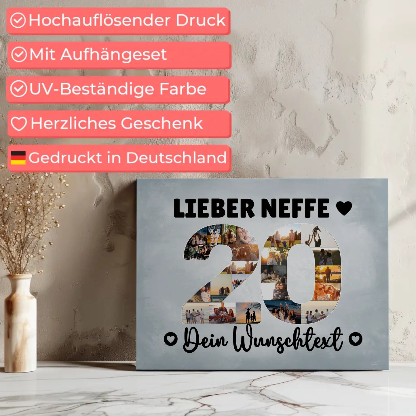 Personalisierte Fotoleinwand Wunschtext zum 20 Geburtstag Neffe