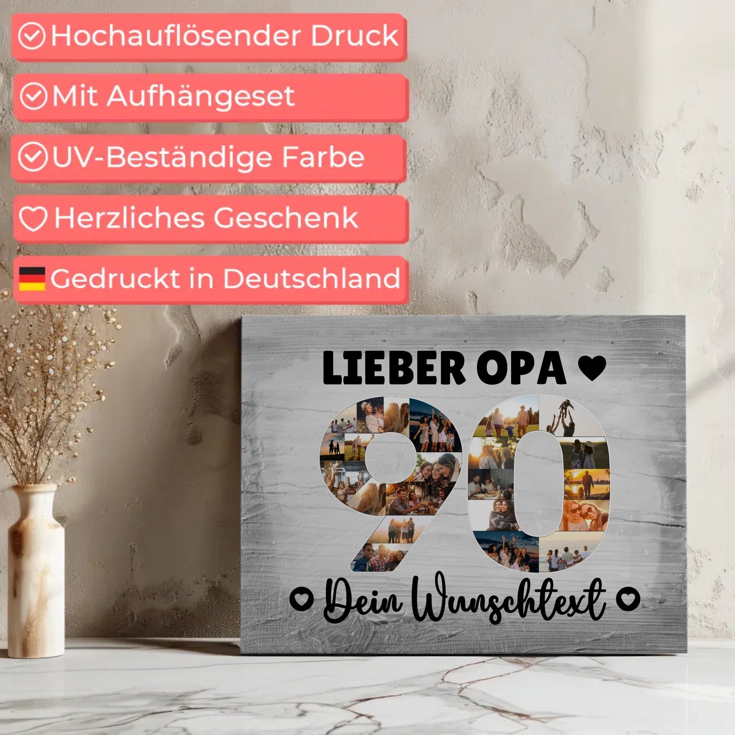 Personalisierte Fotoleinwand mit Wunschtext zum 90 Geburtstag Opa
