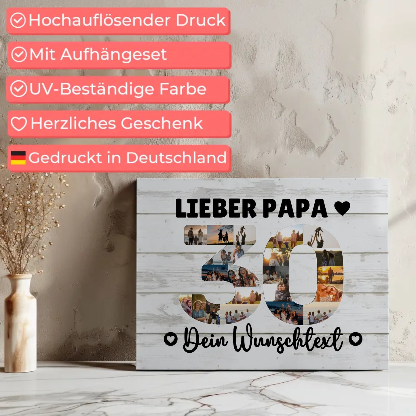 Personalisierte Fotoleinwand mit Wunschtext zum 30. Geburtstag Papa