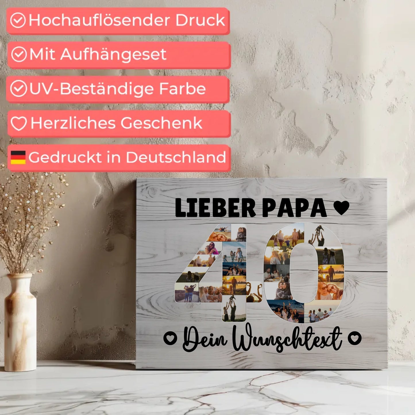Personalisierte Fotoleinwand Wunschtext 40 Geburtstag Papa