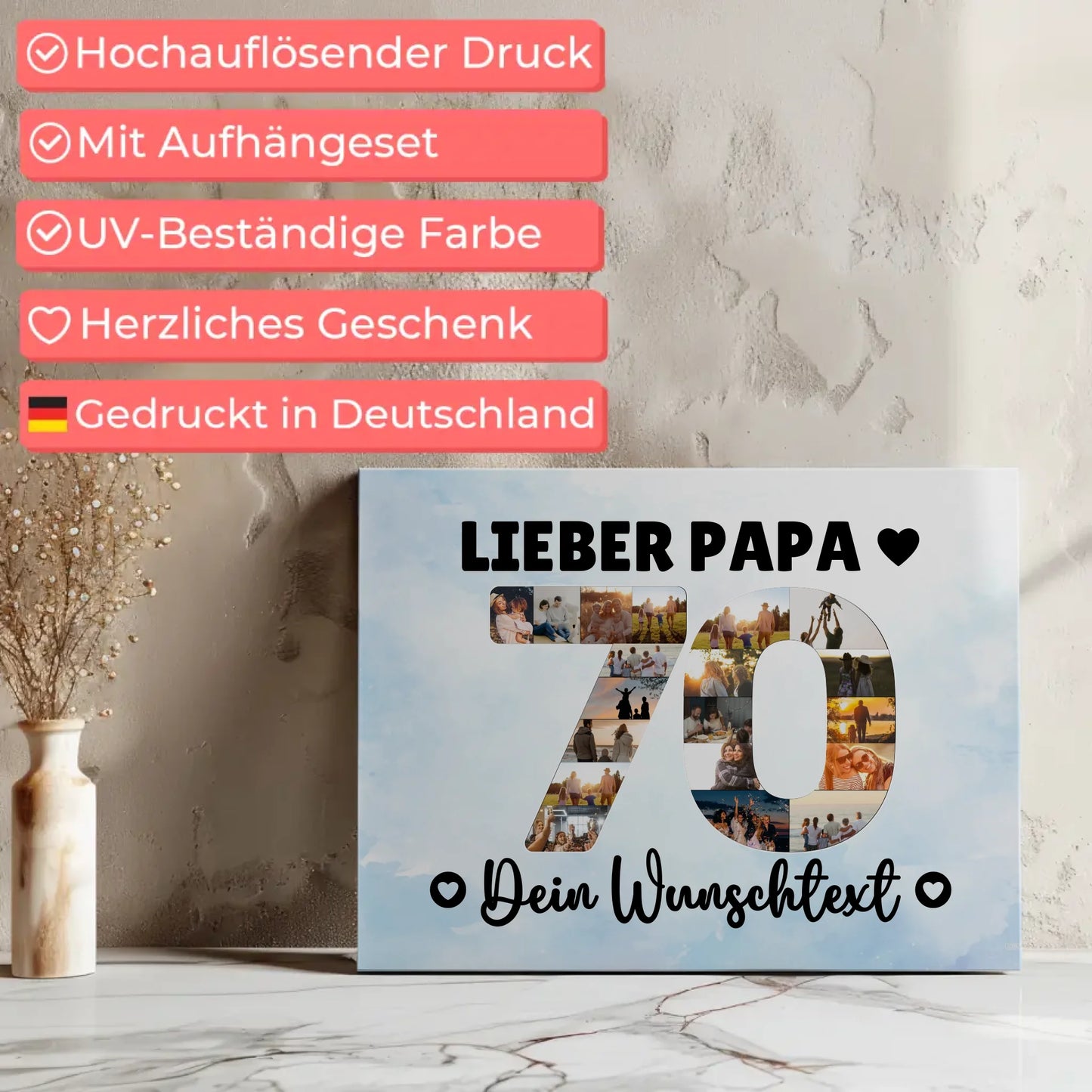 Personalisierte Fotoleinwand Wunschtext 70 Geburtstag Papa