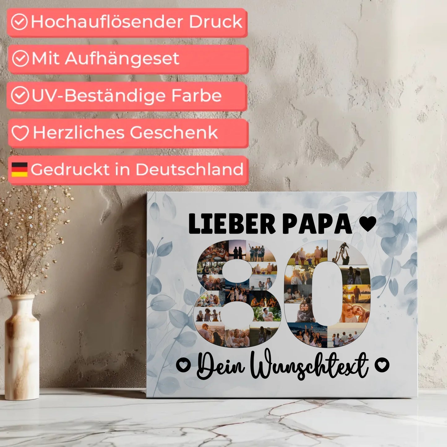 Personalisierte Fotoleinwand Wunschtext 80 Geburtstag Papa