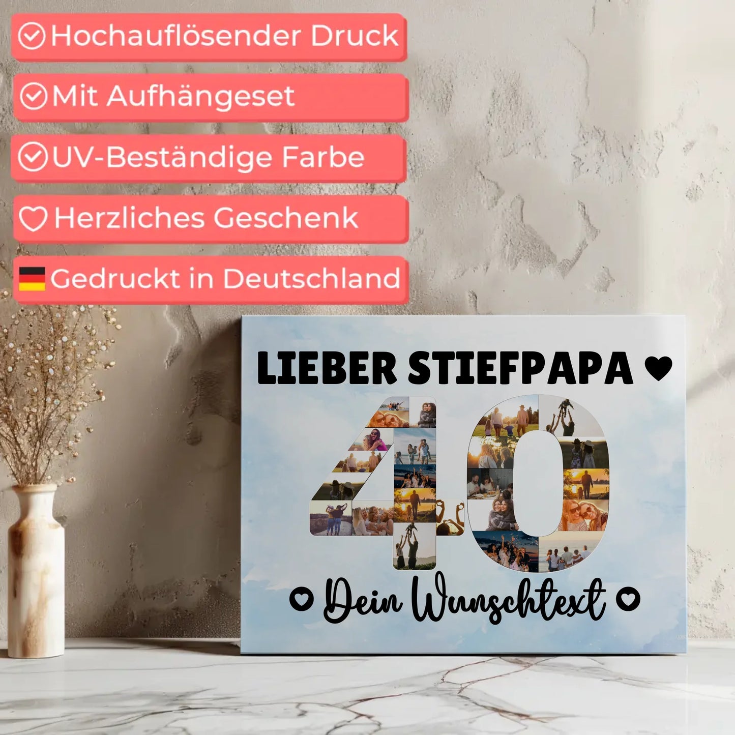 Personalisierte Fotoleinwand Wunschtext 40 Geburtstag Stiefpapa