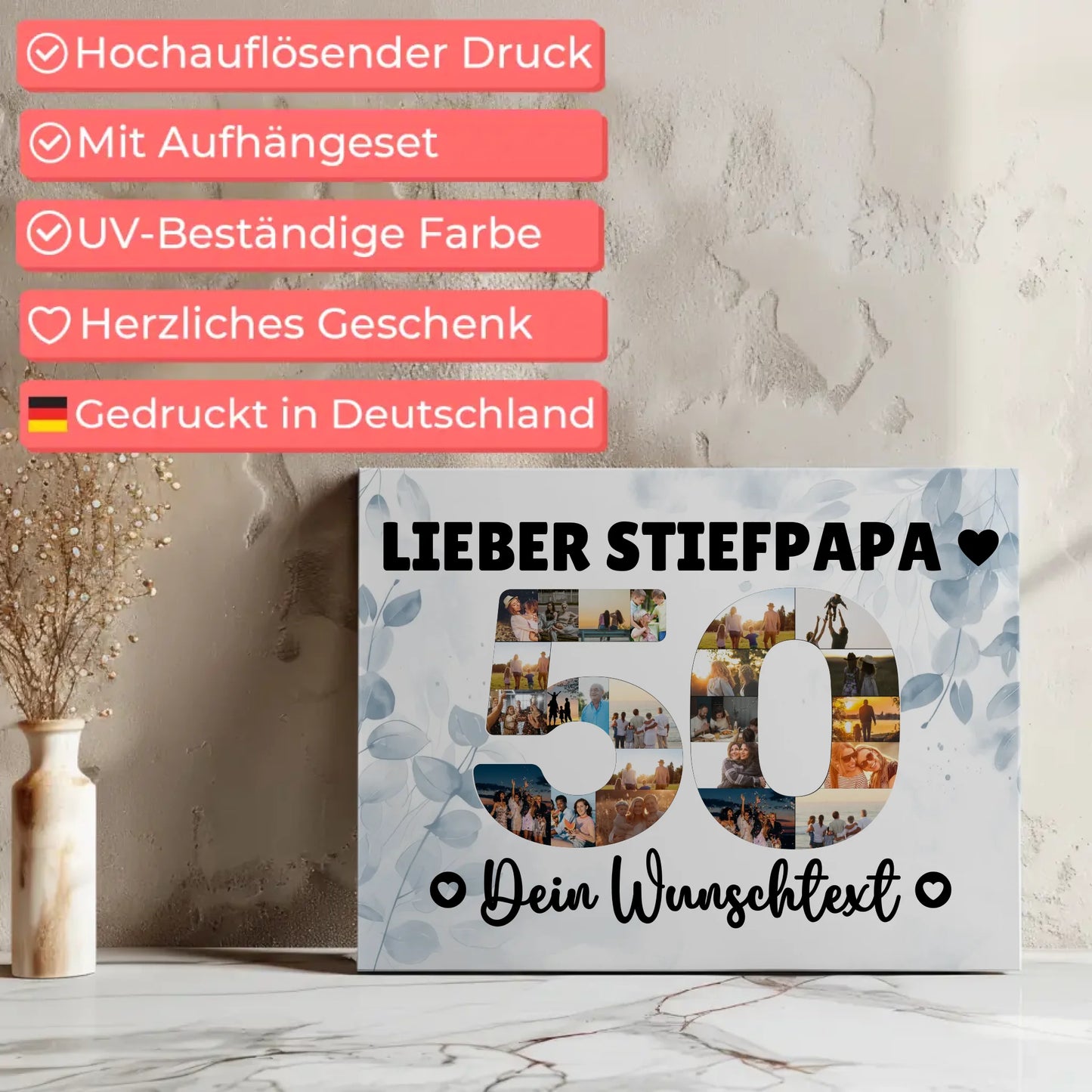Personalisierte Fotoleinwand mit Wunschtext für Stiefpapa 50 Geburtstag