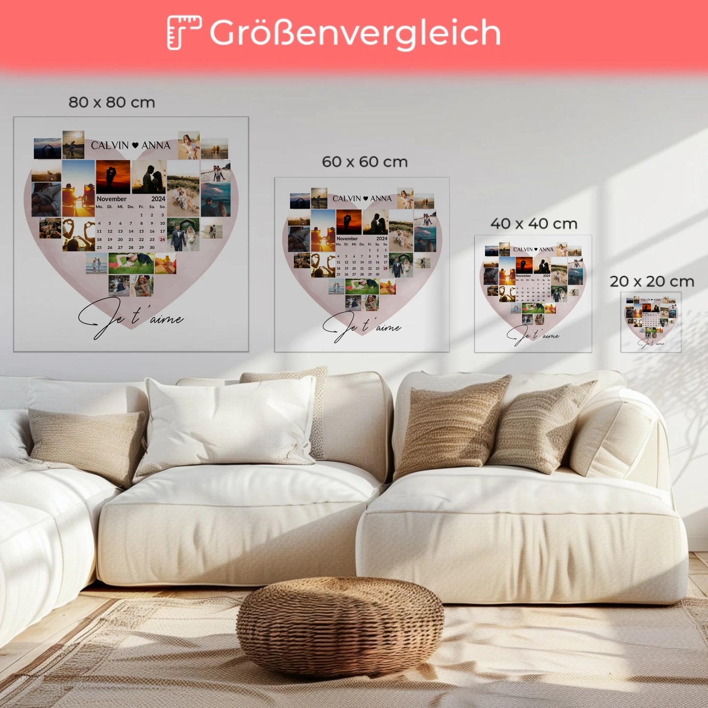 Personalisierte Fotoleinwand Fotocollage Je T Aime Kunstwerk