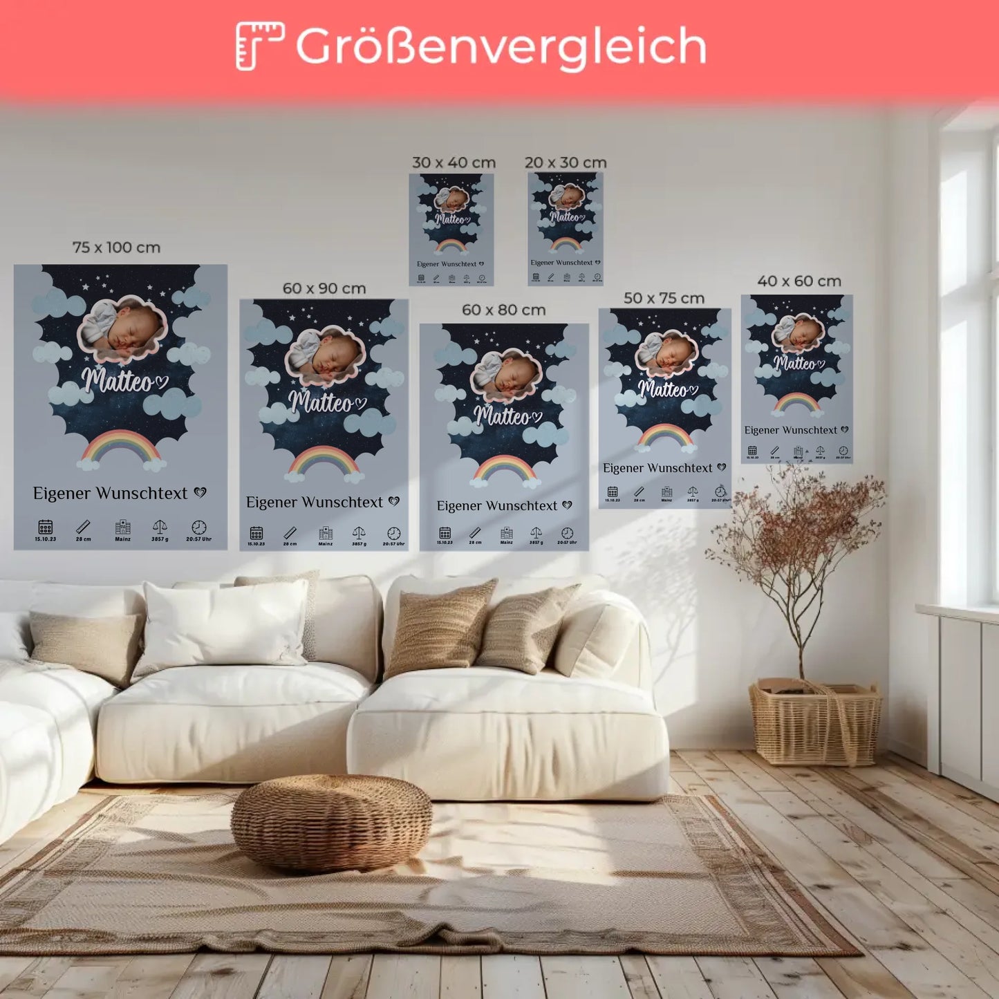 Personalisiertes Geburts Leinwand Poster Foto Wolke Sternmuster Jungen Blau