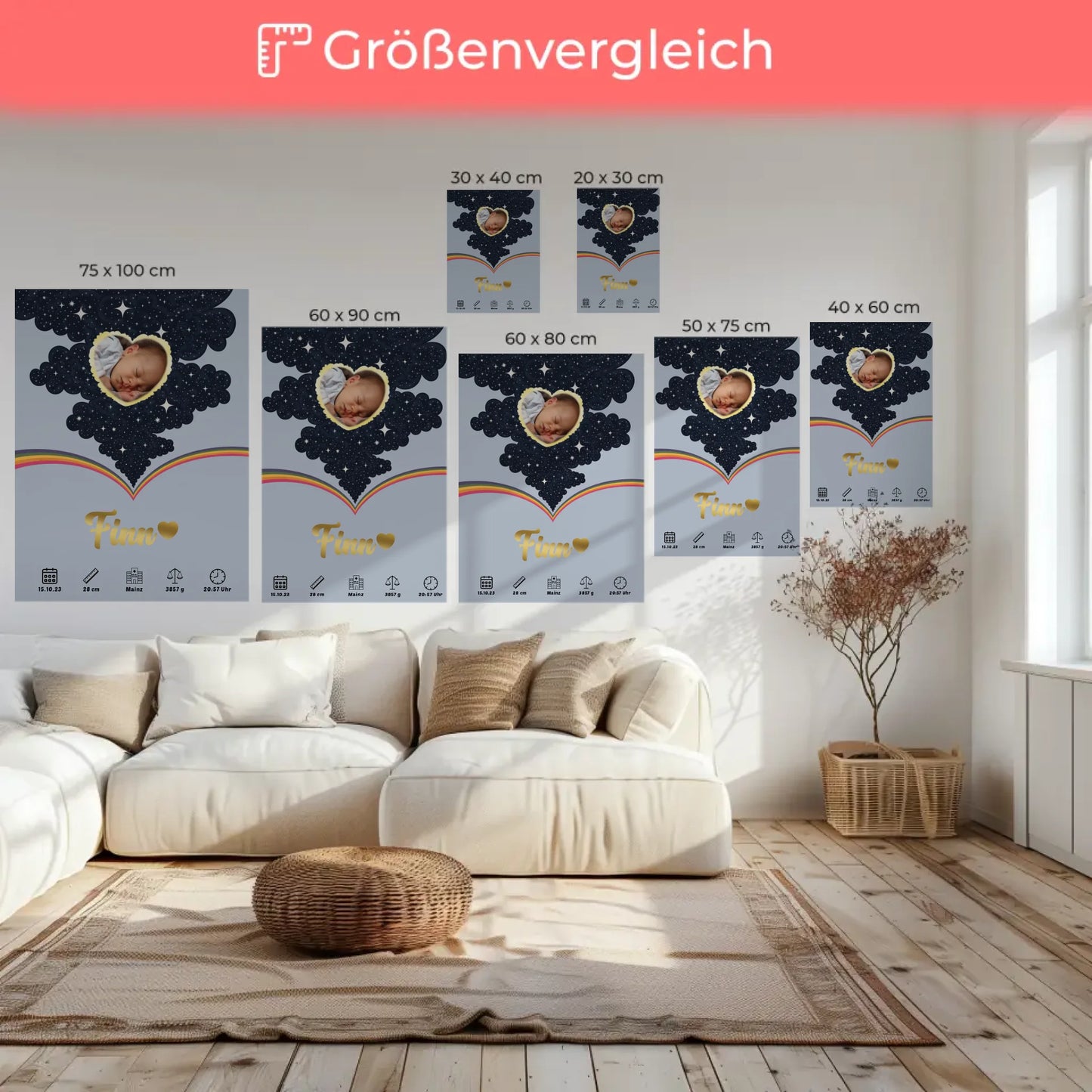 Leinwand Geburtsdaten Foto Herz personalisiert Geburtsposter Punkte Jungen Blau