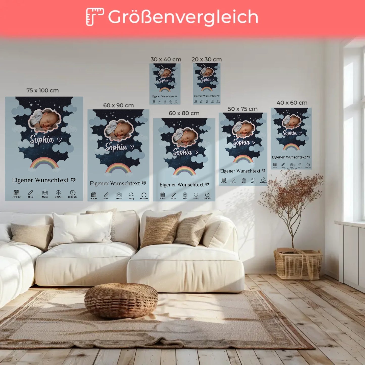 Personalisierte Geburts Leinwand Foto Wolke Geburtsposter Sternchen