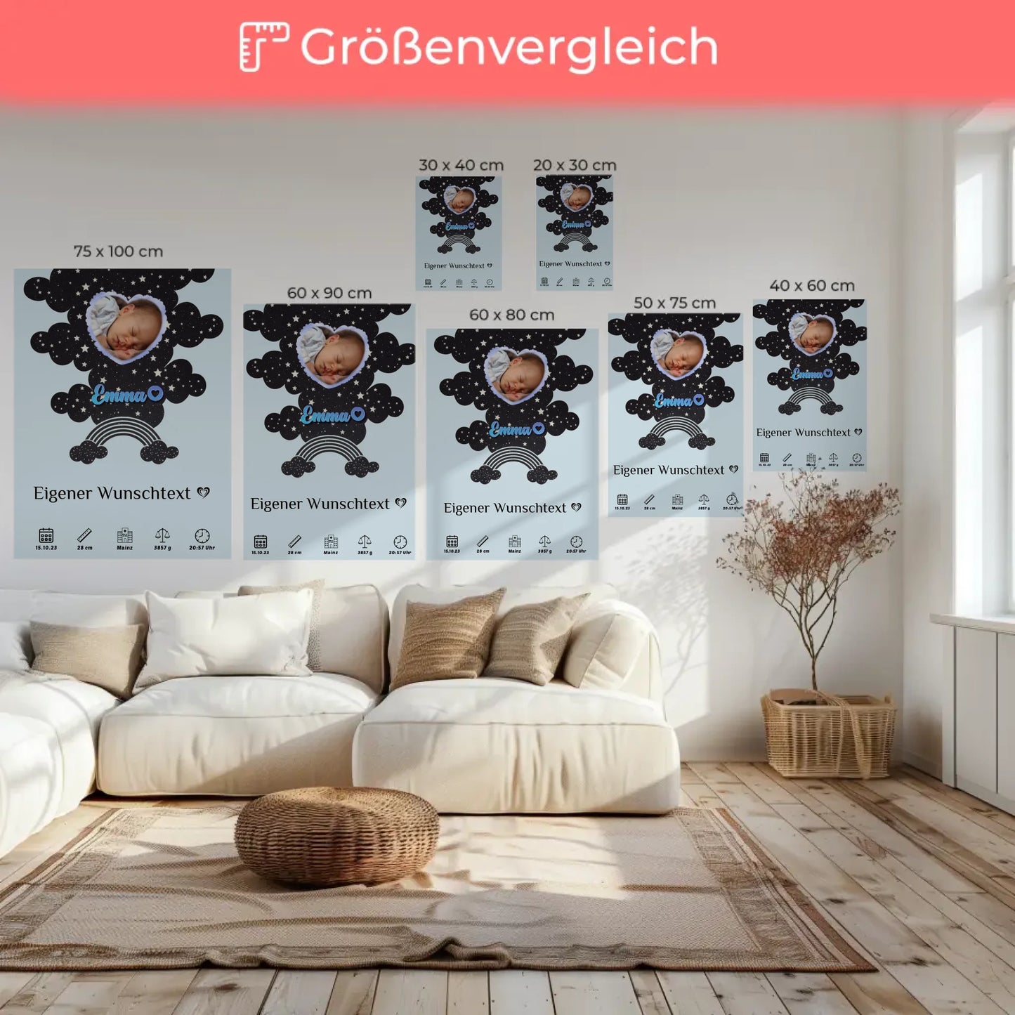 Personalisierte Fotoleinwand Geburt Foto Herz Little Stars