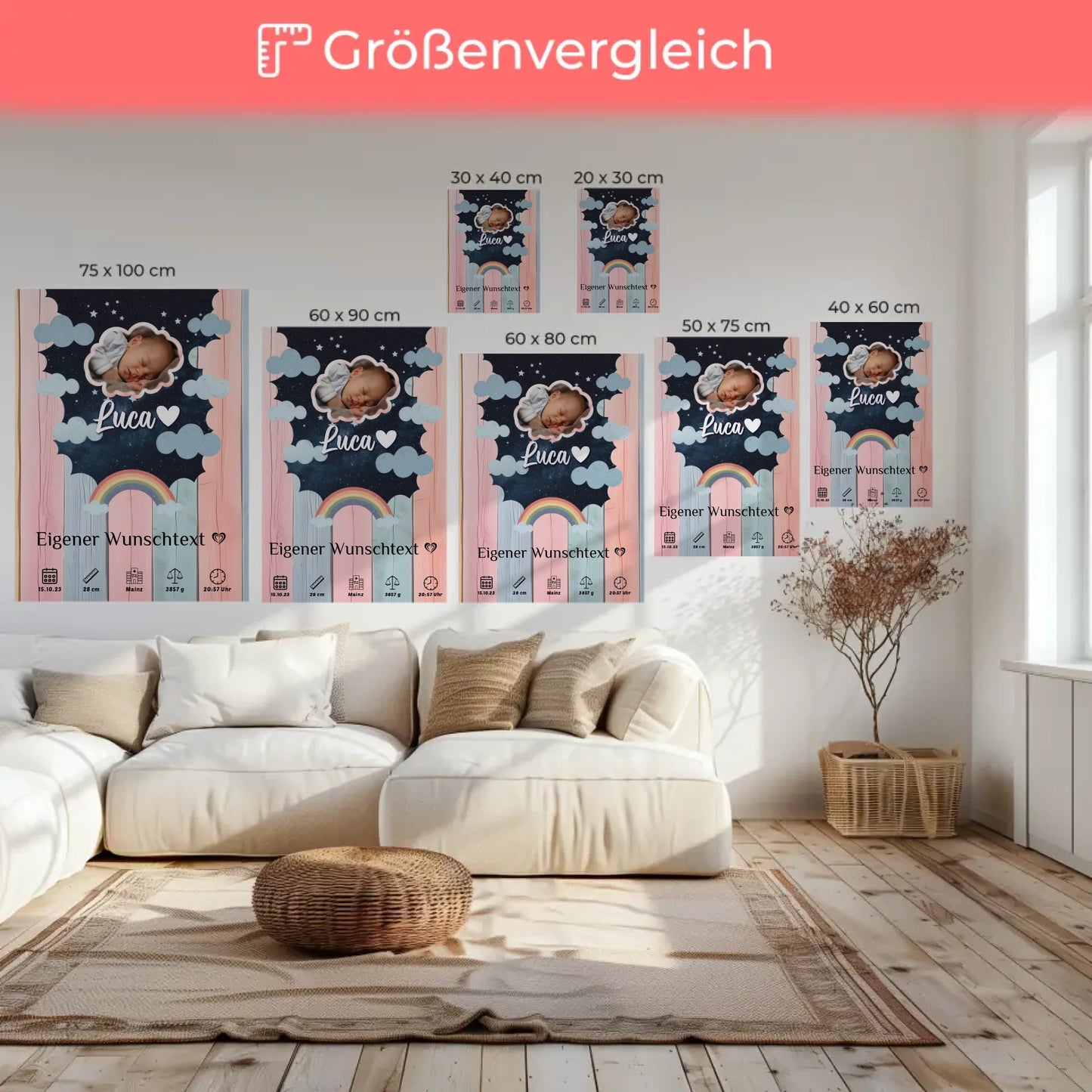 Herz Foto Geburts Leinwand Holz Bunt Baby Jungen Mädchen