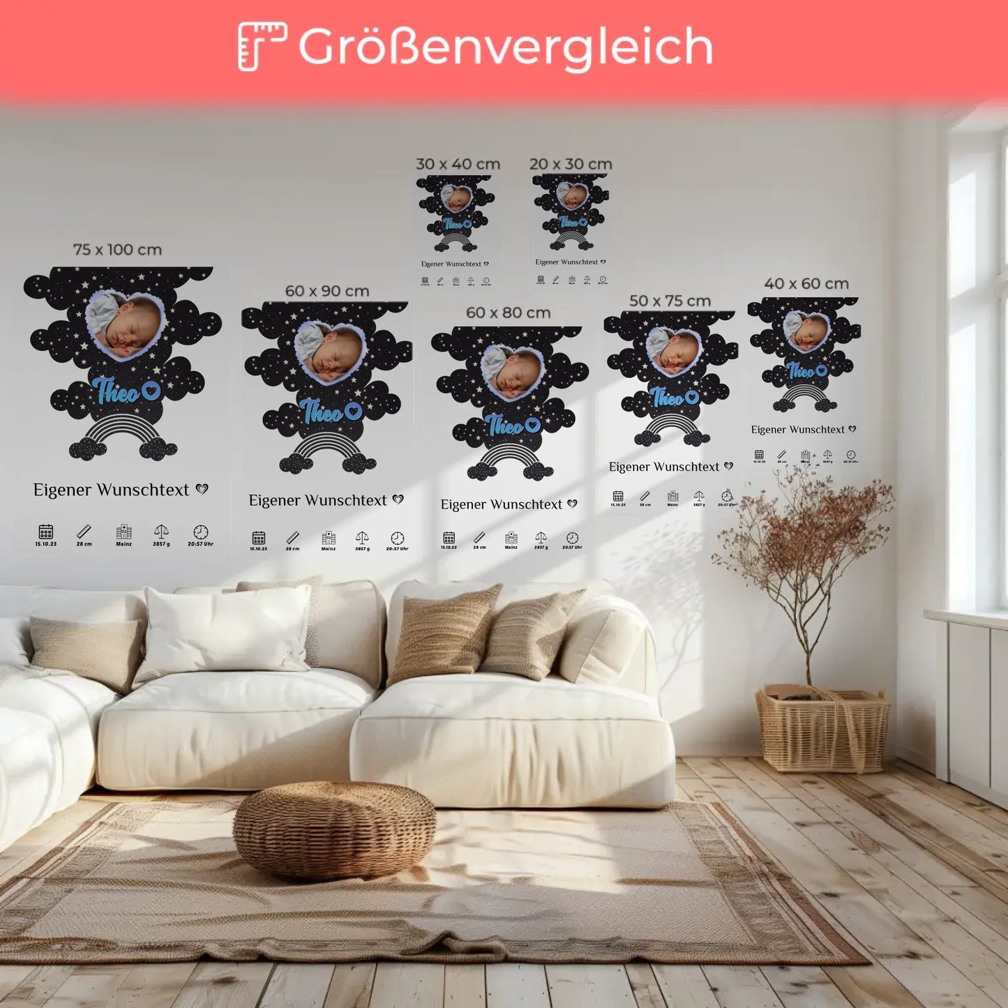 Personalisierte Fotoleinwand Geburt für Mädchen und Jungen Fotoherz