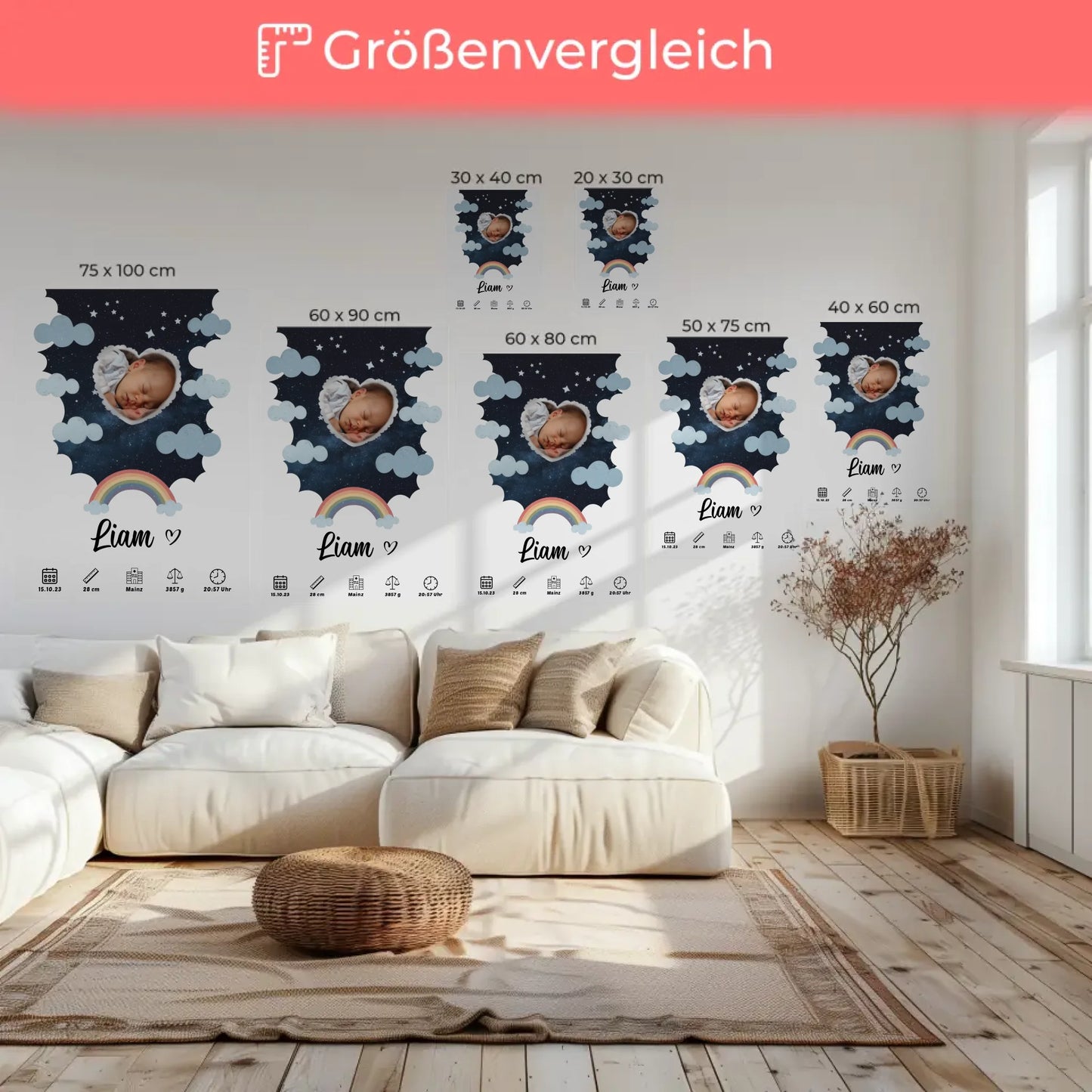 Personalisiertes Plakat Leinwand Geburt fĂŒr MĂ€dchen & Jungen Foto Herz