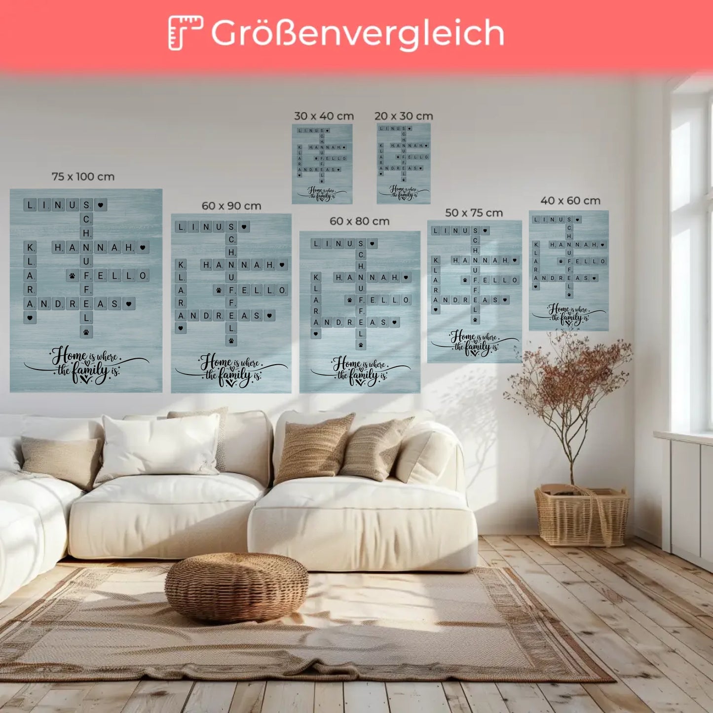 Personalisierte Fotoleinwand Home is where the family is Kreuzworträtsel mit Namen Wunschtext