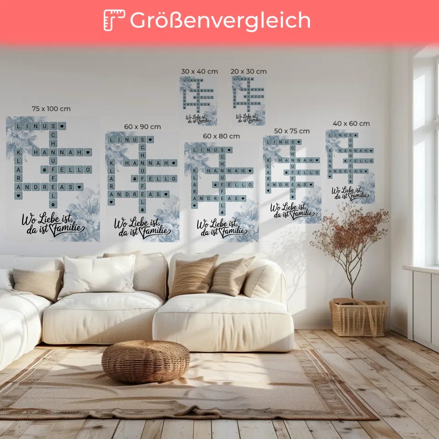 Leinwand Familienbild Personalisiert Wo Liebe ist da ist Familie mit Namen im Scrabble Design