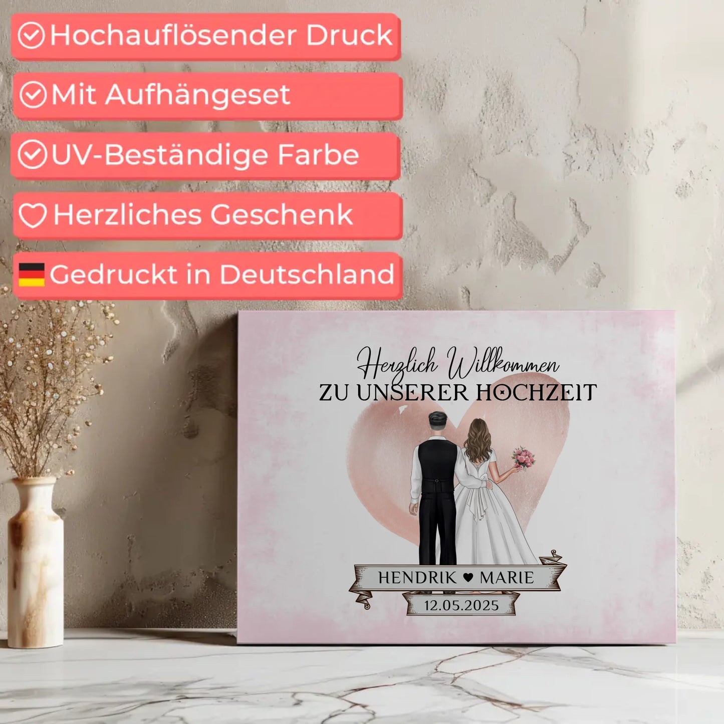 Willkommensschild Hochzeit Blüten Leinwand personalisiert