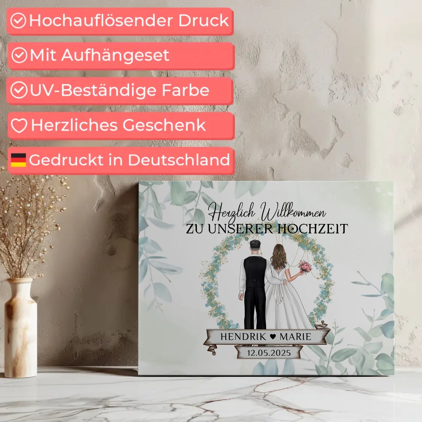 Leinwand Hochzeit Herzlich Willkommen Blütenkreis Geschenk