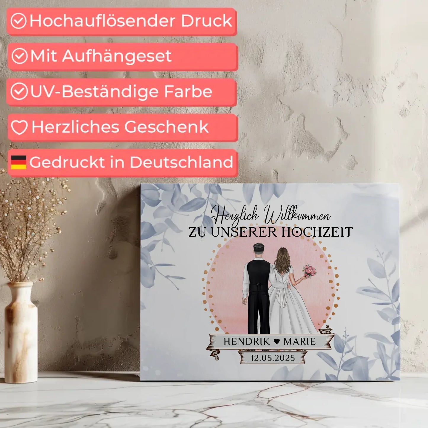 Willkommensschild Hochzeit Eucalyptus Blau Leinwand personalisiert