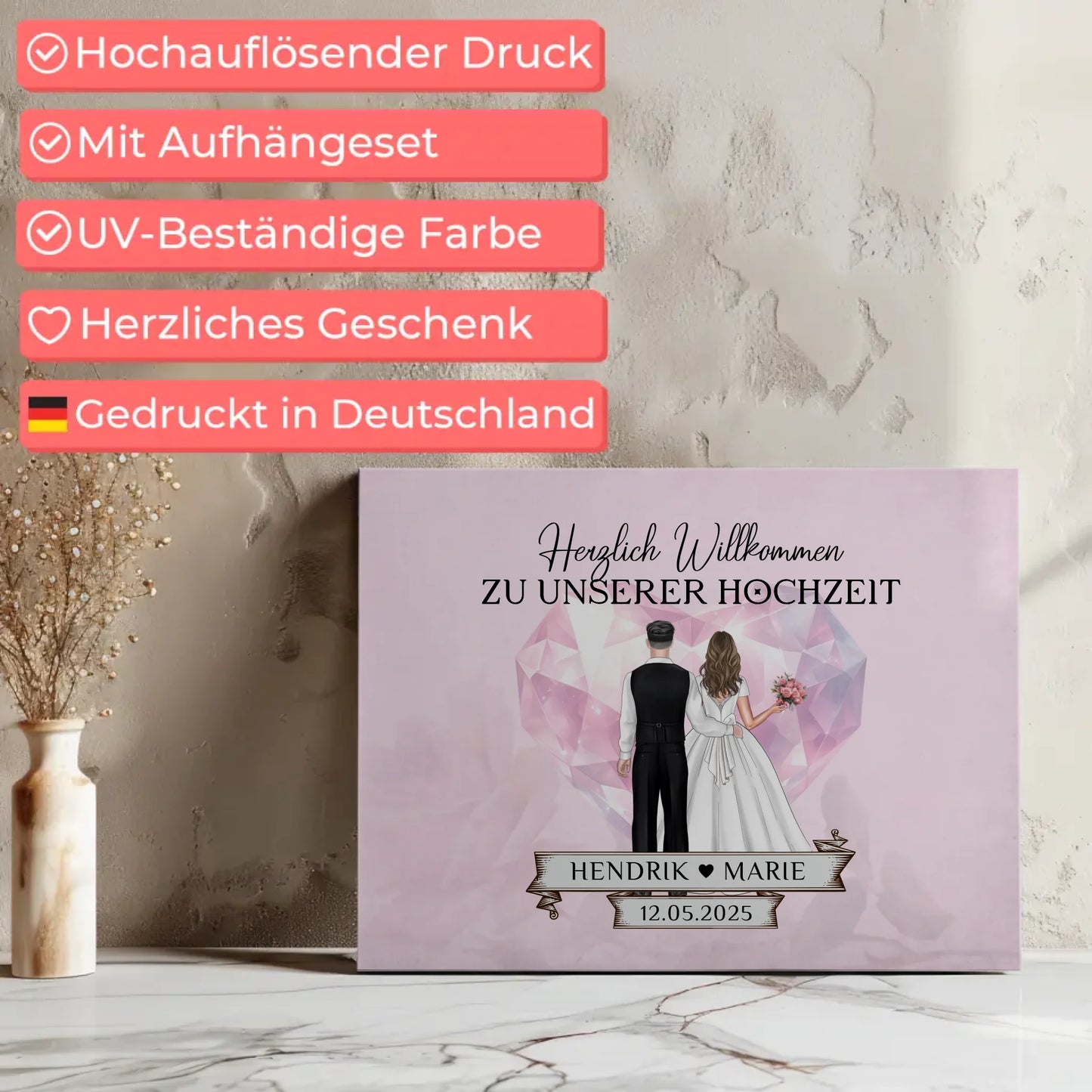 Hochzeit Willkommensschild Diamant Herz Leinwand personalisiert
