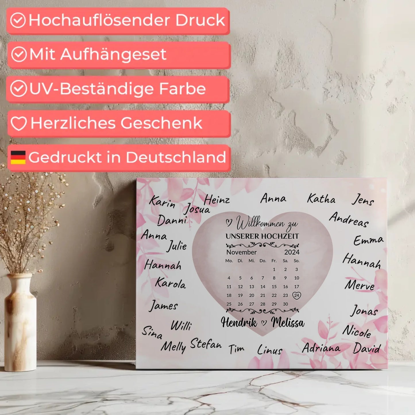 Willkommensschild Hochzeit Farbklecks Herz für Unterschriften