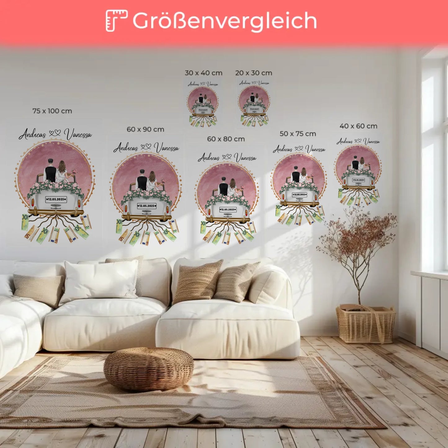 Rosa Aquarell Wandbild als Geldgeschenk für Hochzeit