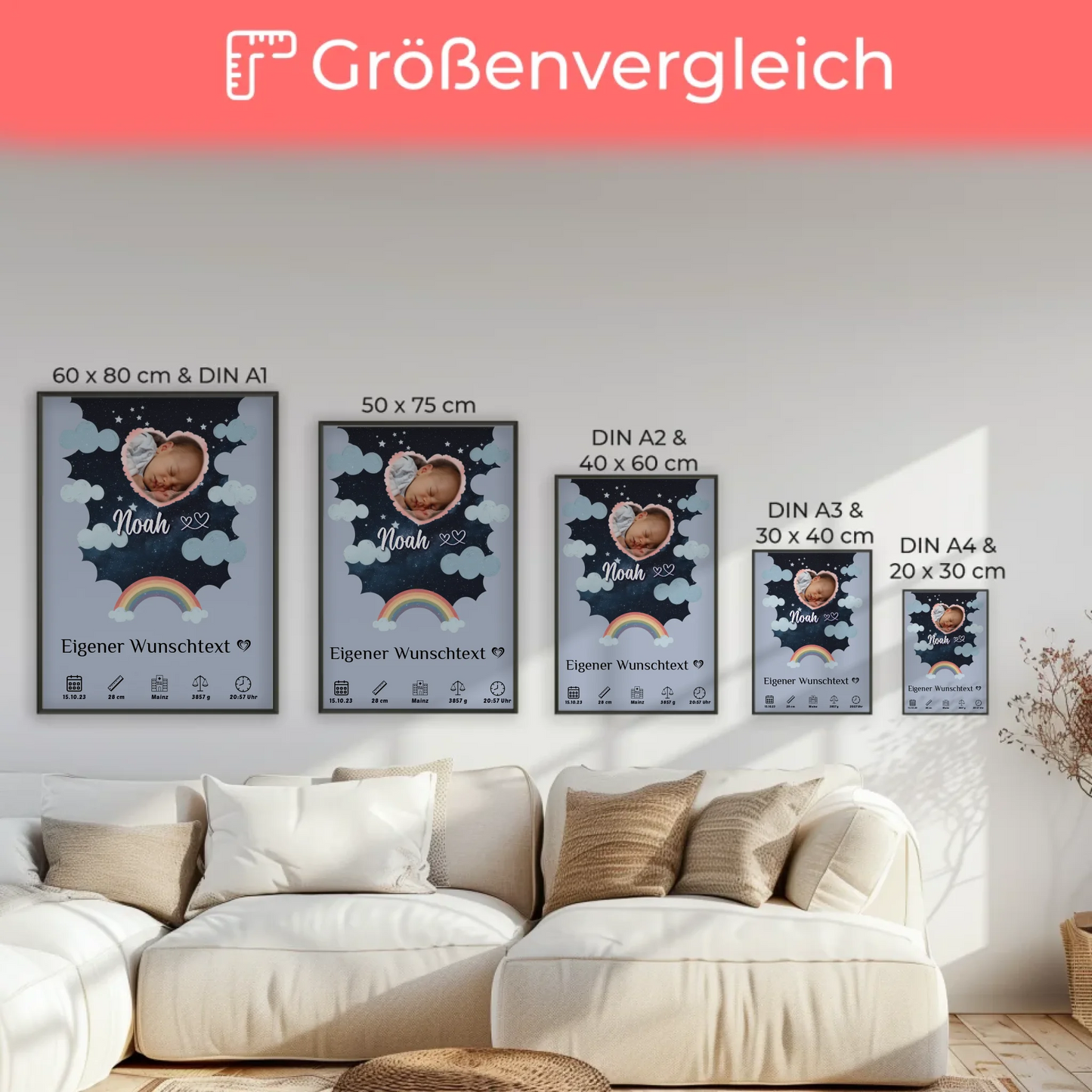 Personalisiertes Geburtsposter Foto Herz Punkte Jungen Blau