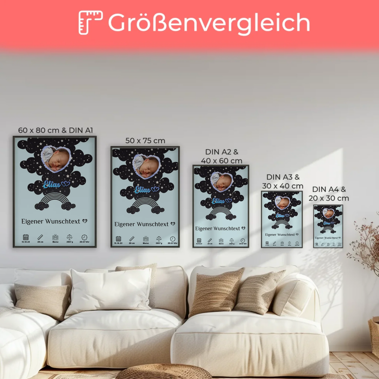 Personalisiertes Poster Geburt Foto Herz Sternchen Jungen Blau