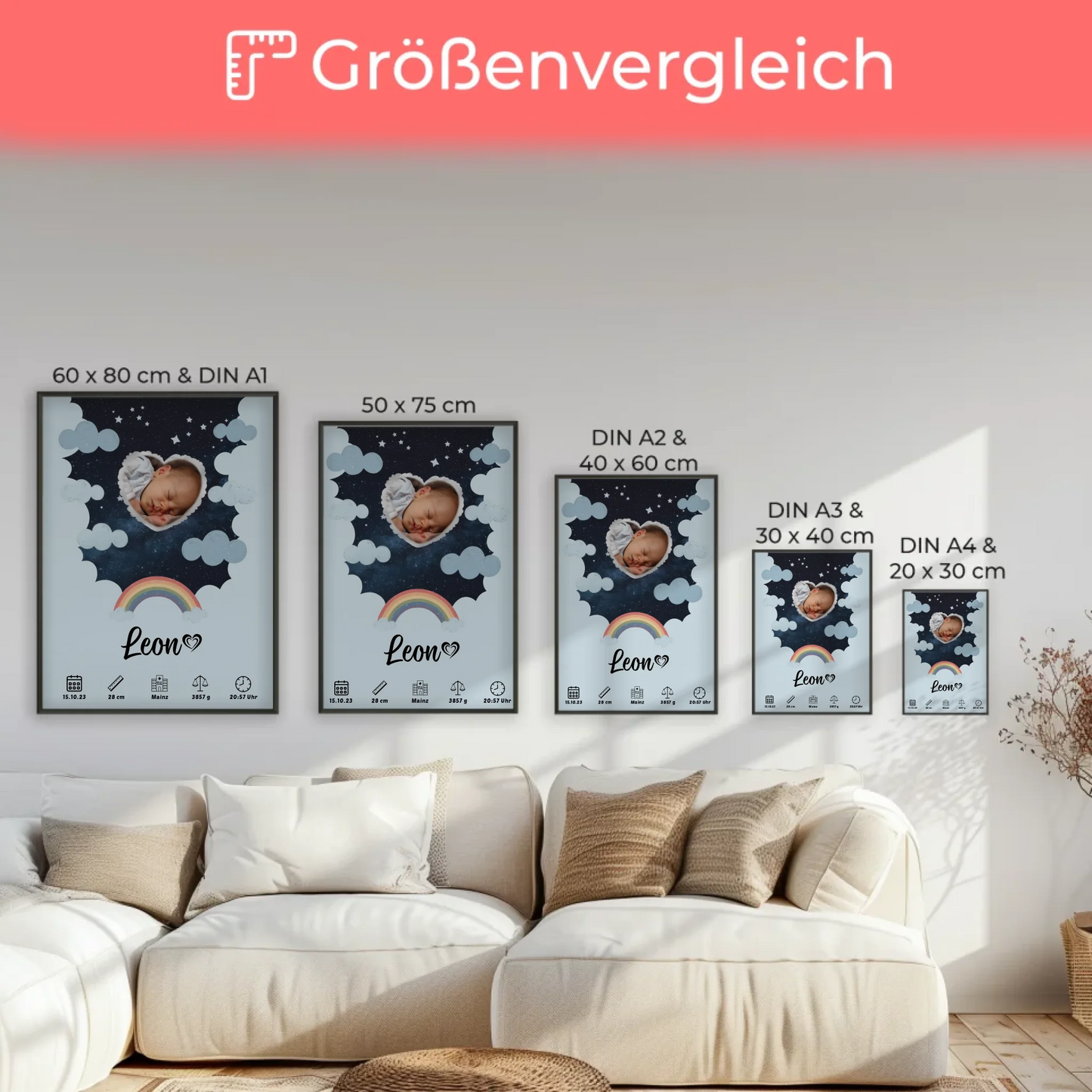 Personalisiertes Plakat Poster Geburt Foto Herz Stern Jungen Blau