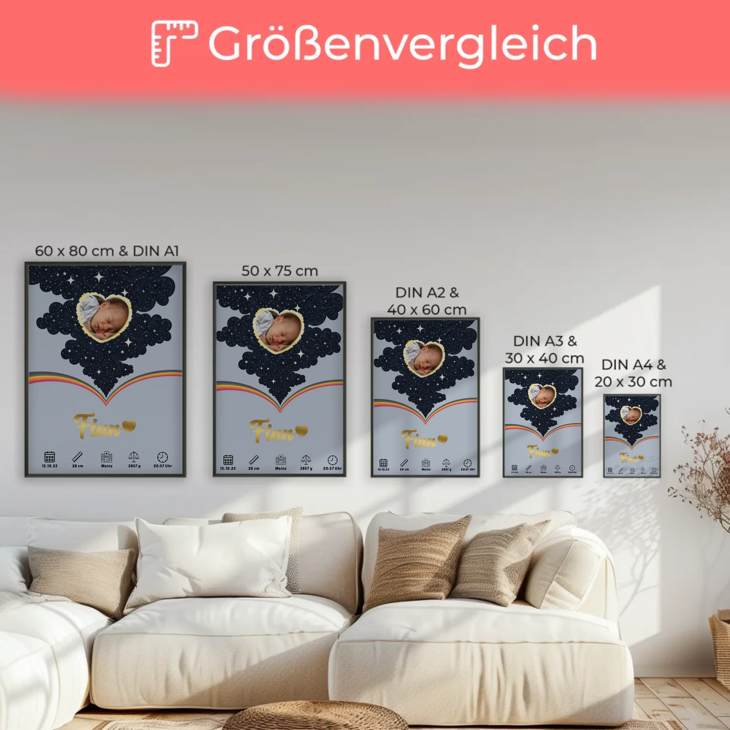 Personalisierte Poster Geburtsdaten Foto Herz Punkte Jungen Blau