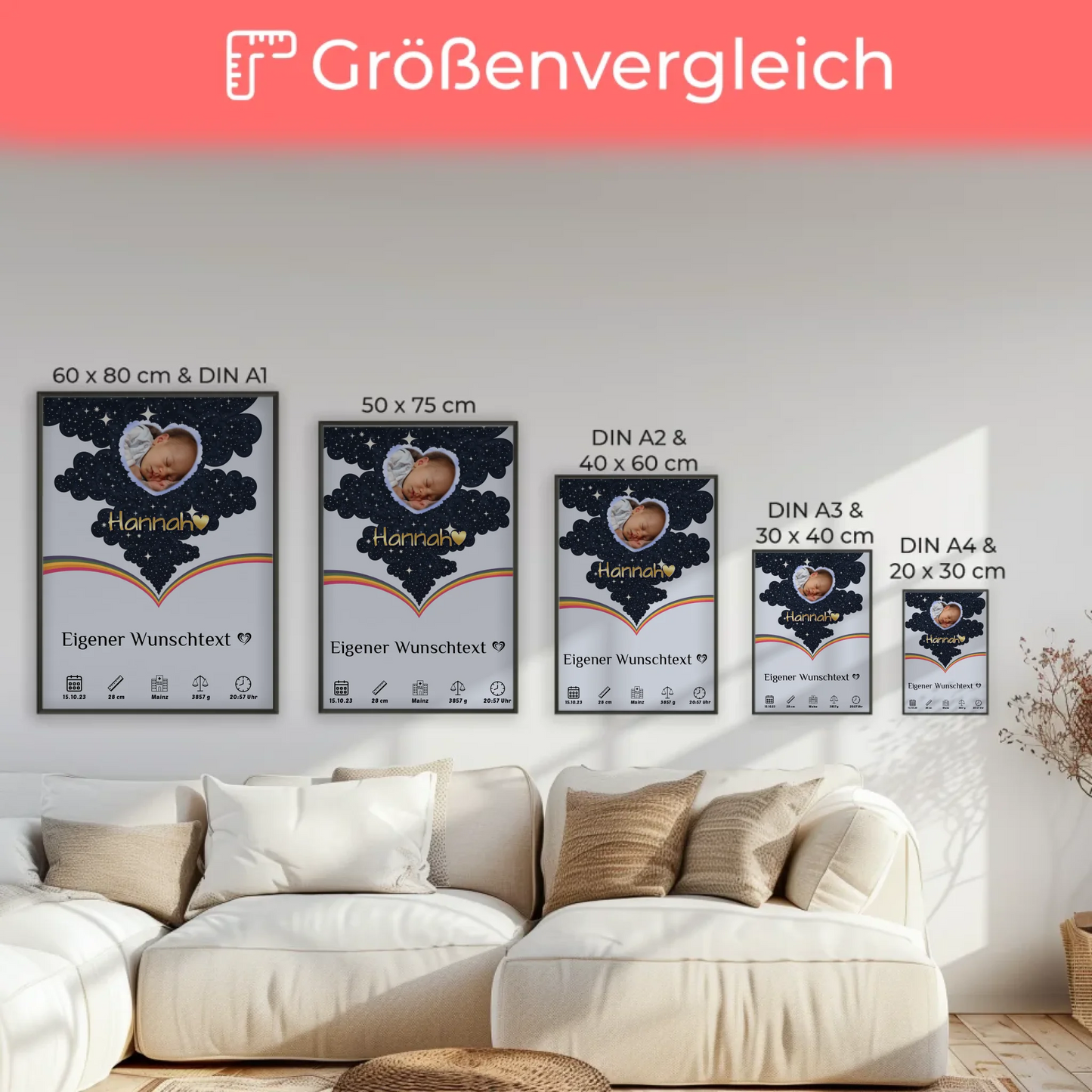 Poster Zur Geburt Foto Herz personalisiert Punkte Mädchen
