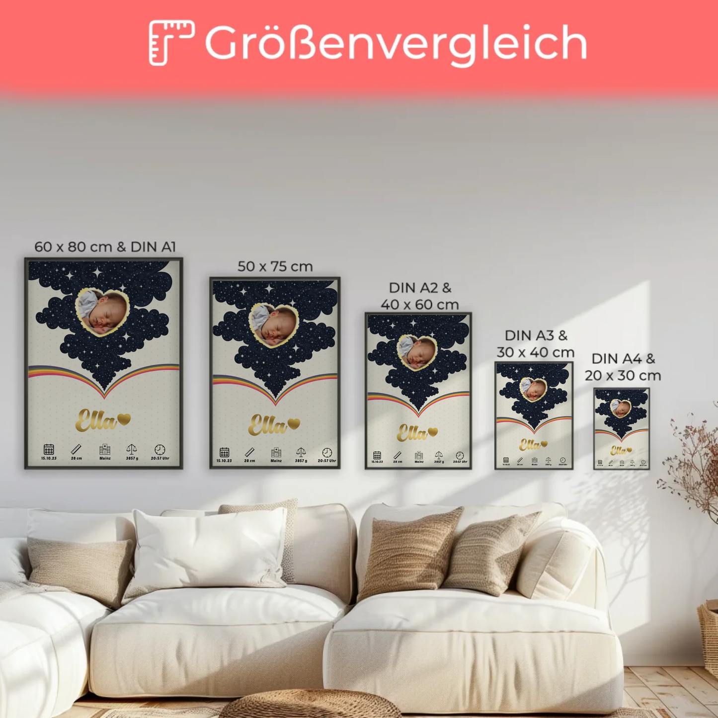 Personalisierte Poster Geburtsdaten Foto Herz Little Stars Mädchen