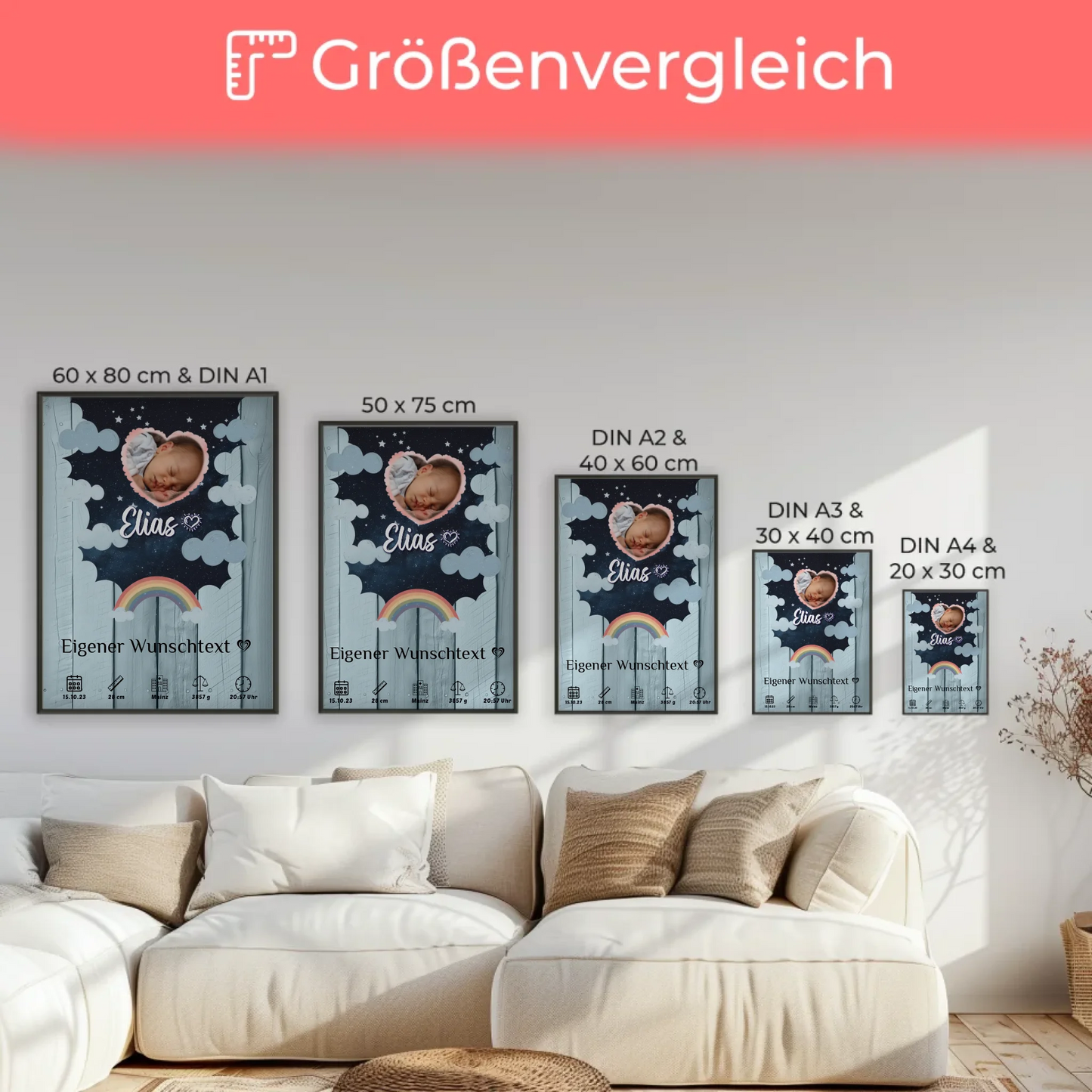 Herz Foto Geburtsposter Holz Himmelblau für Jungen und Mädchen