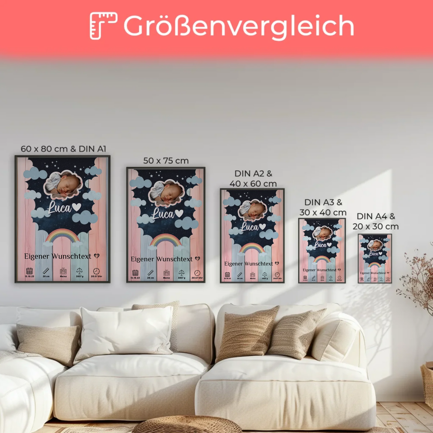 Herz Foto Geburts Poster Holz Bunt Baby für Jungen Mädchen