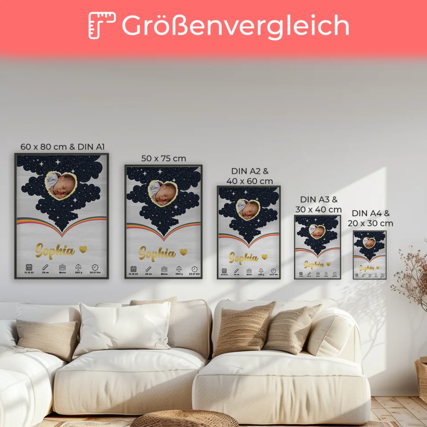 Herz Foto Poster Geburtsdaten Holz Hell für Baby Jungen Mädchen