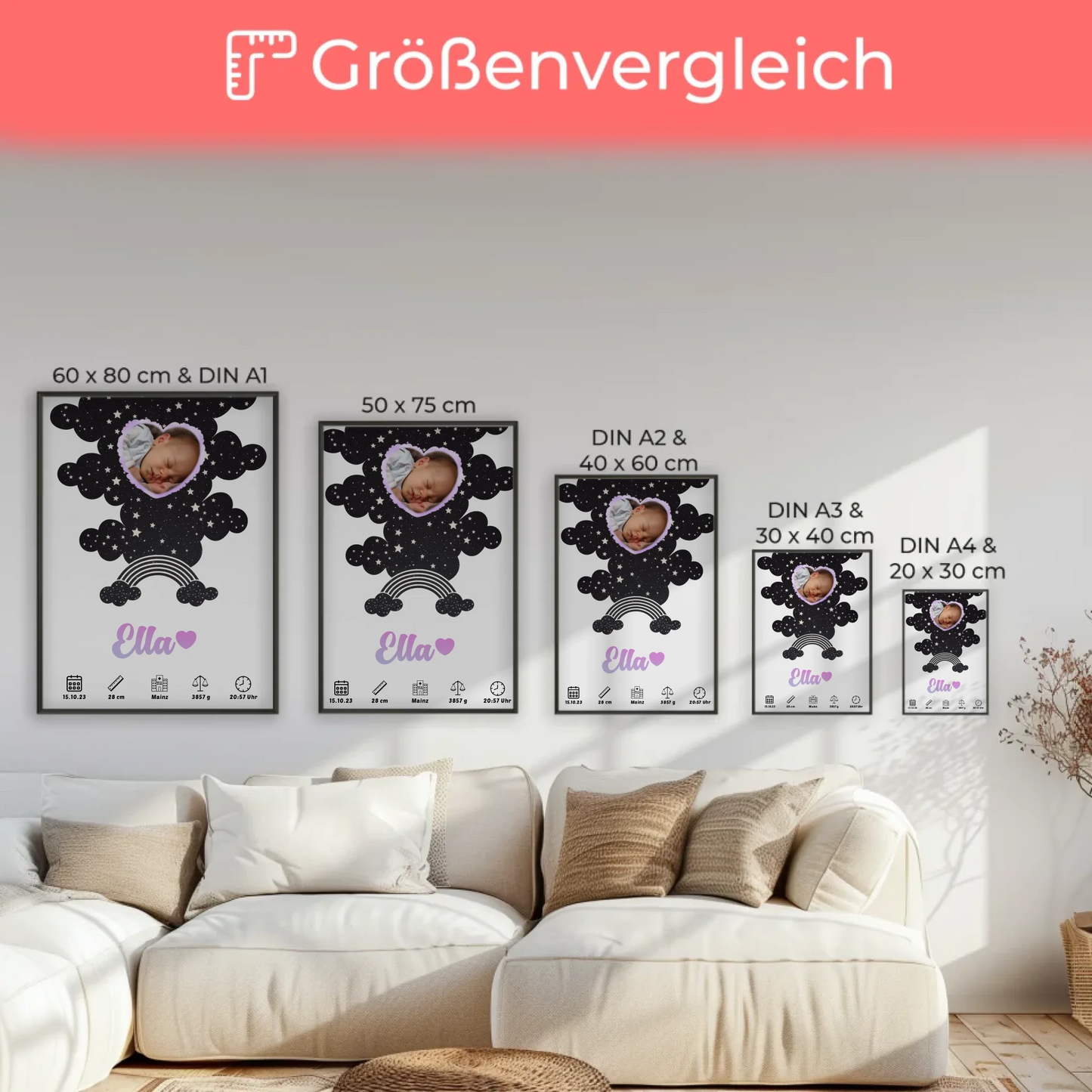 Geburtsposter Personalisiert für Mädchen Jungen Fotoherz