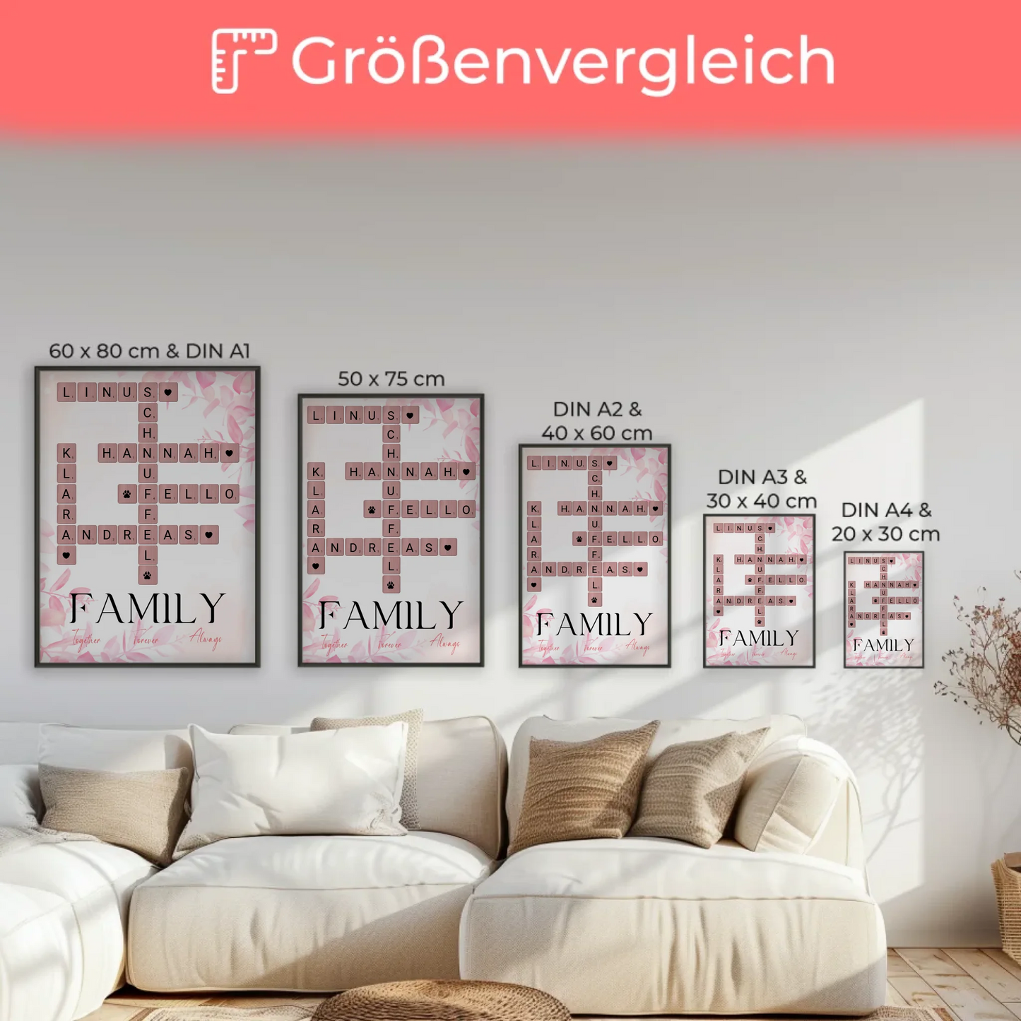 Personalisiertes Poster Family Together Namen im Scrabble Design