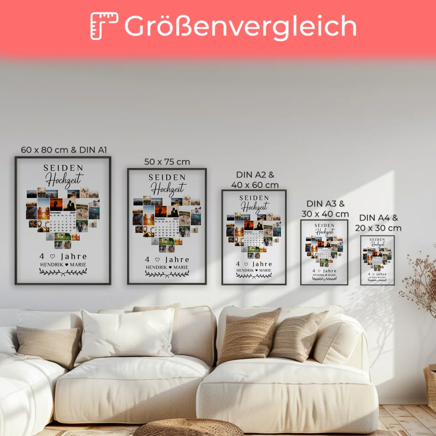 Poster mit Kalender für 4 Hochzeitstag Geschenk Seidenhochzeit