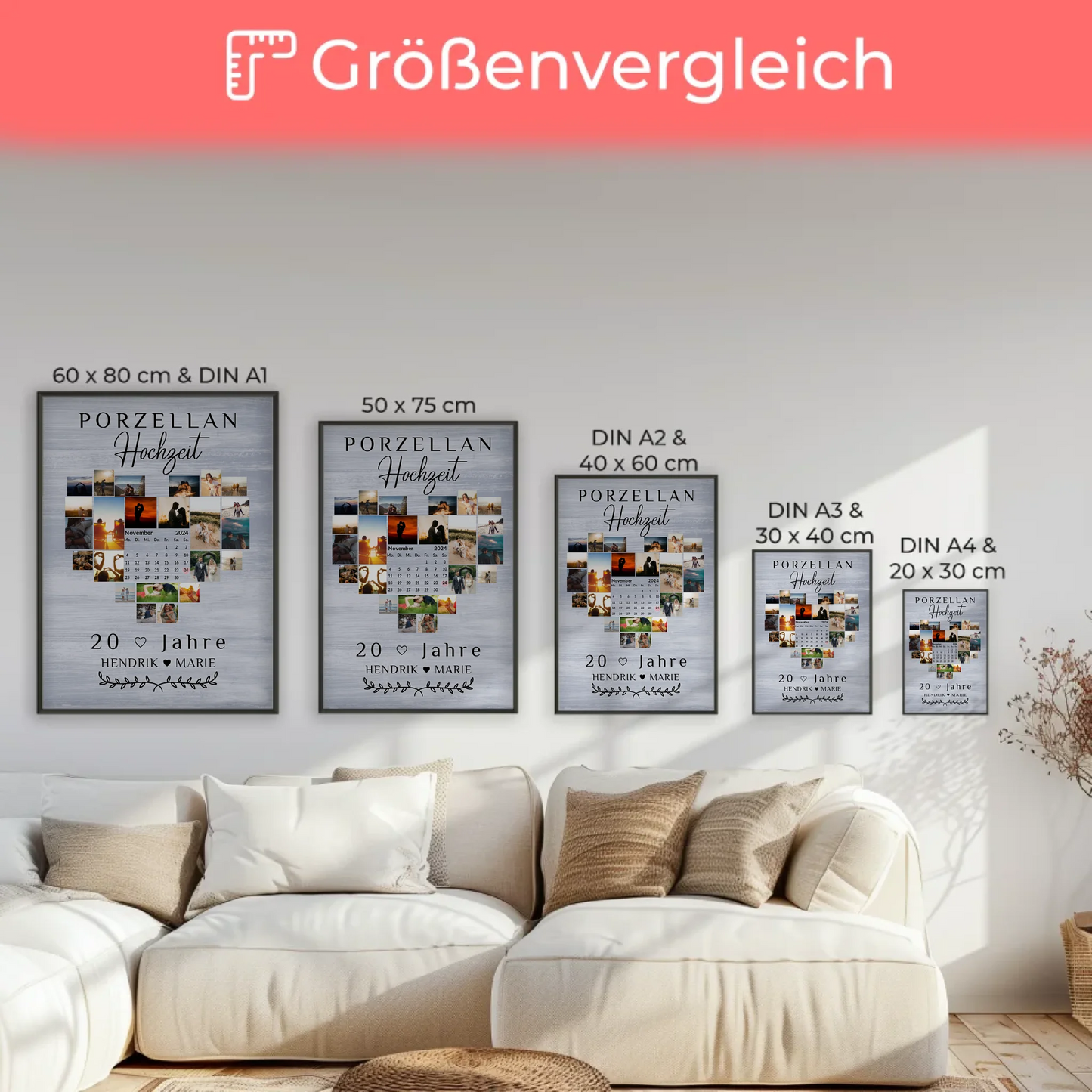 Poster mit Kalender 20 Hochzeitstag Geschenk für Porzellanhochzeit