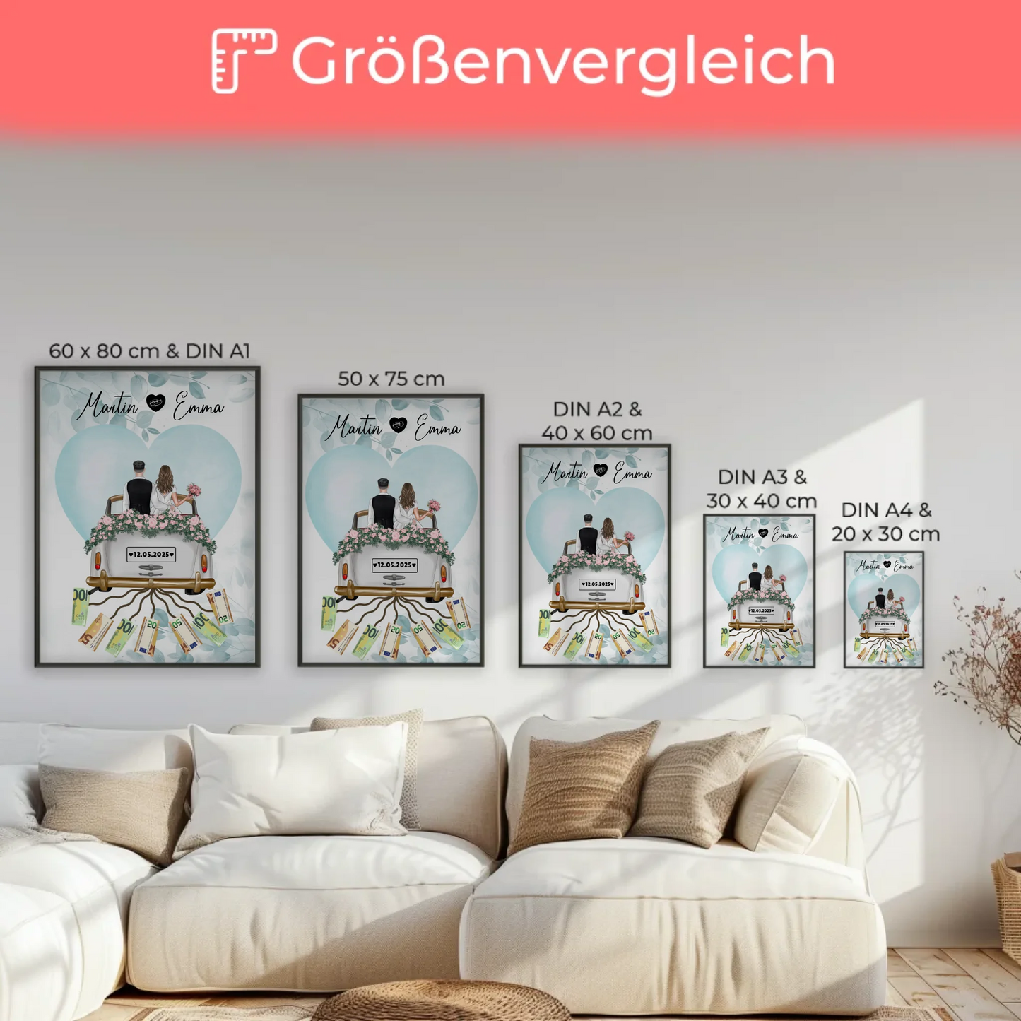 Kreatives Geldgeschenk Poster für Hochzeit mit Wunschtext Namen