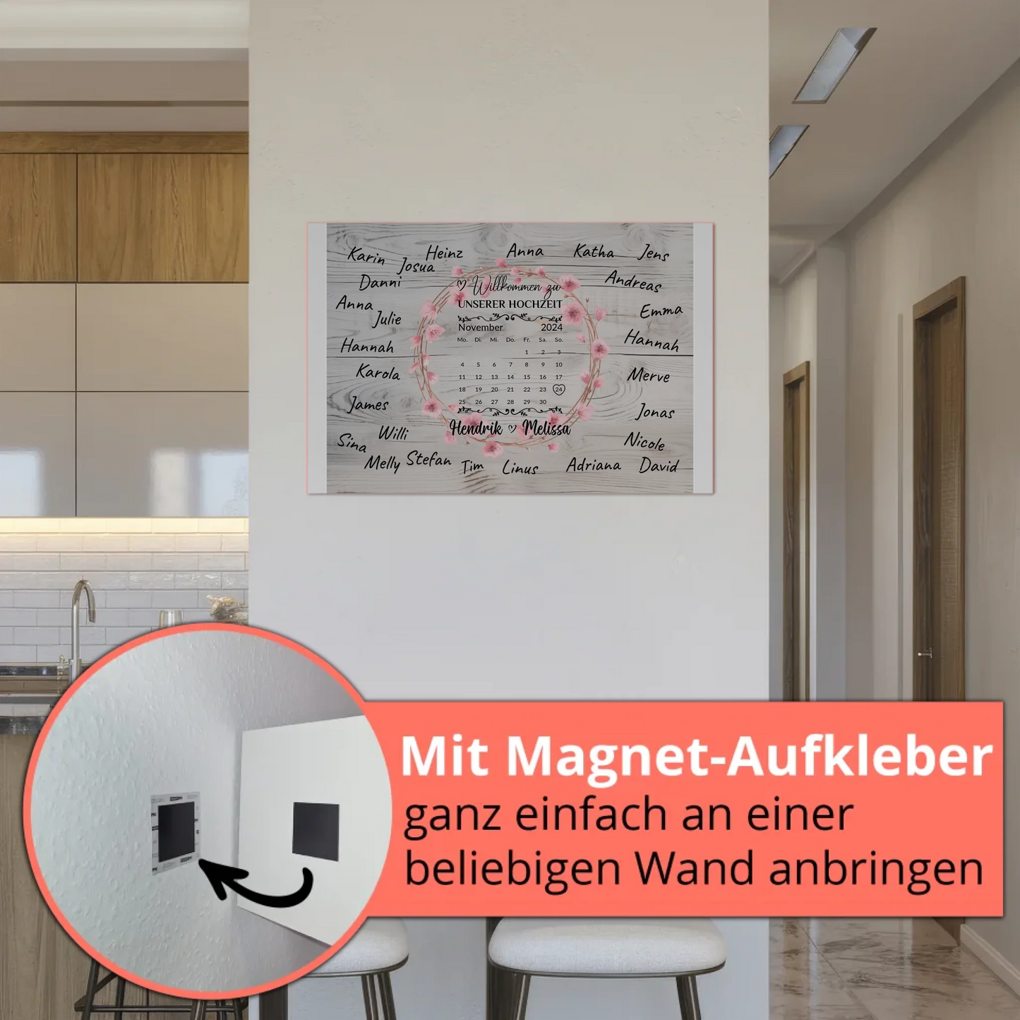 Willkommens Fotoboard Hochzeit mit Blumenkranz personalisiert