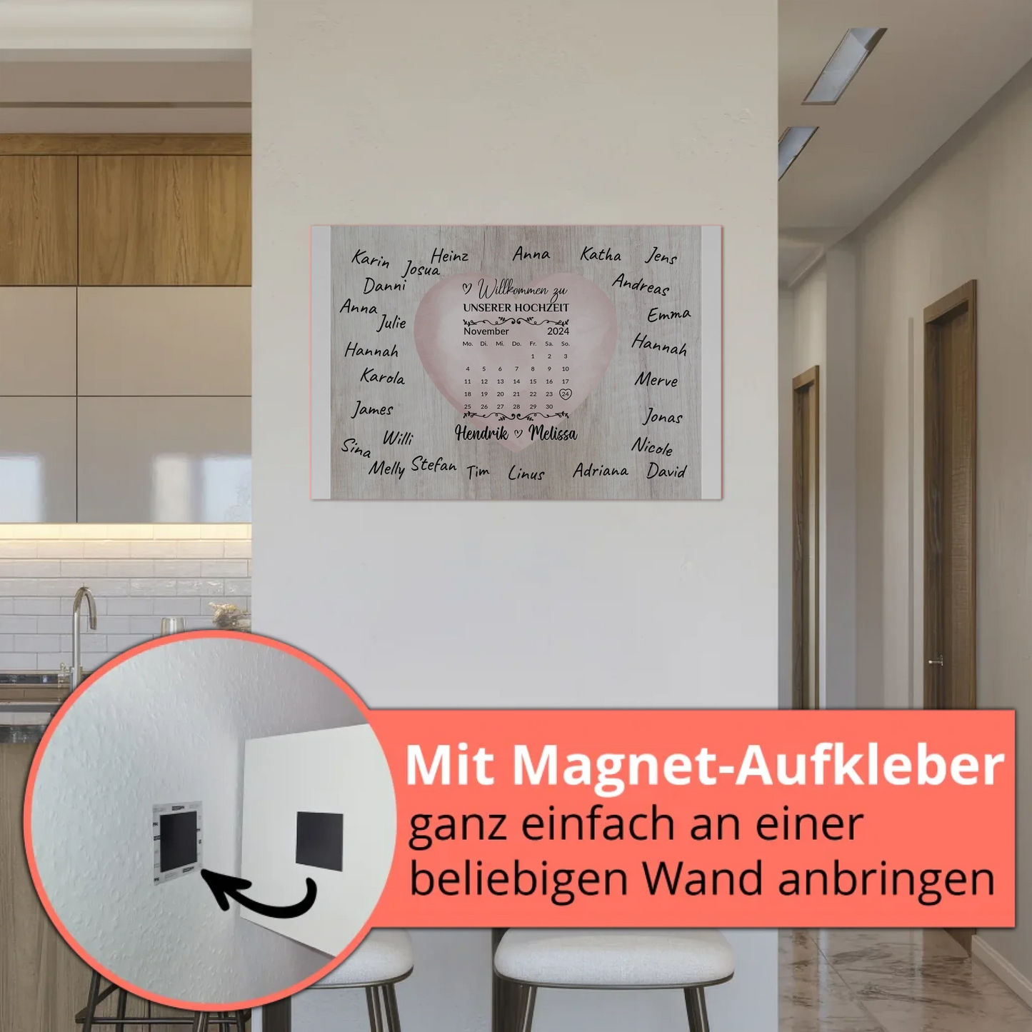 Willkommensschild Hochzeit mit Farbklecks Herz personalisiert